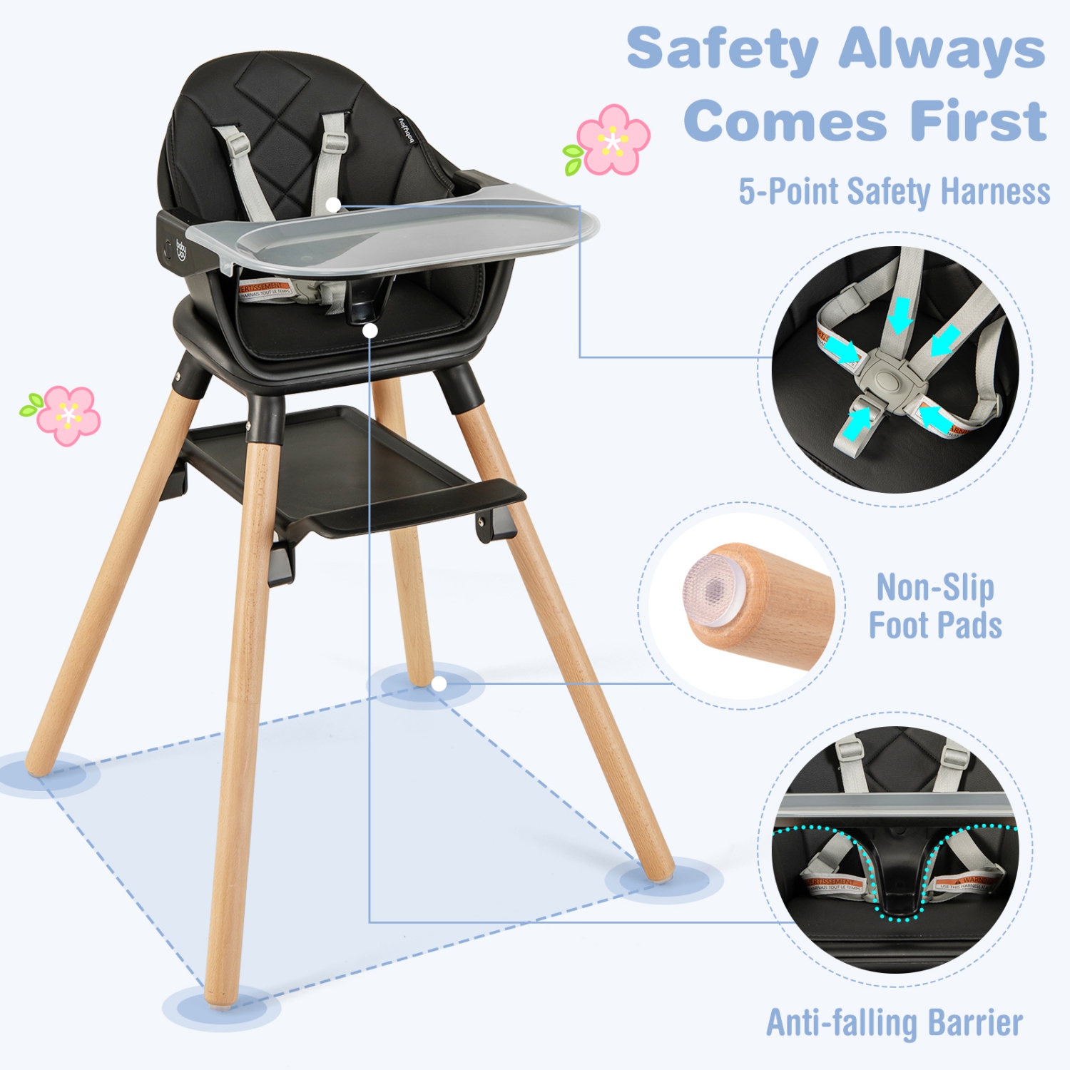 Costway 6-in-1 Convertible Wooden Baby Highchair Infant Feeding Chair with Removable Tray