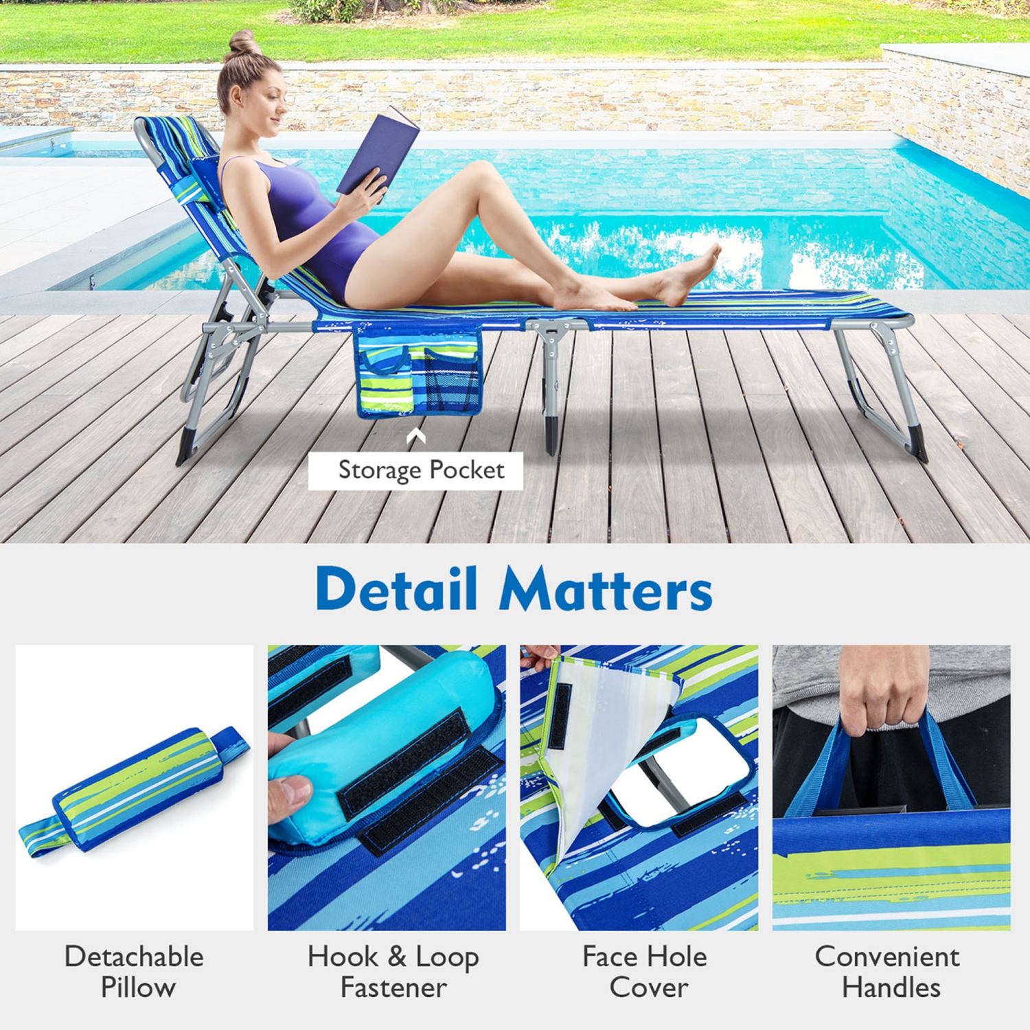 Costway Outdoor Beach Lounge Chair Folding Chaise Lounge with Pillow