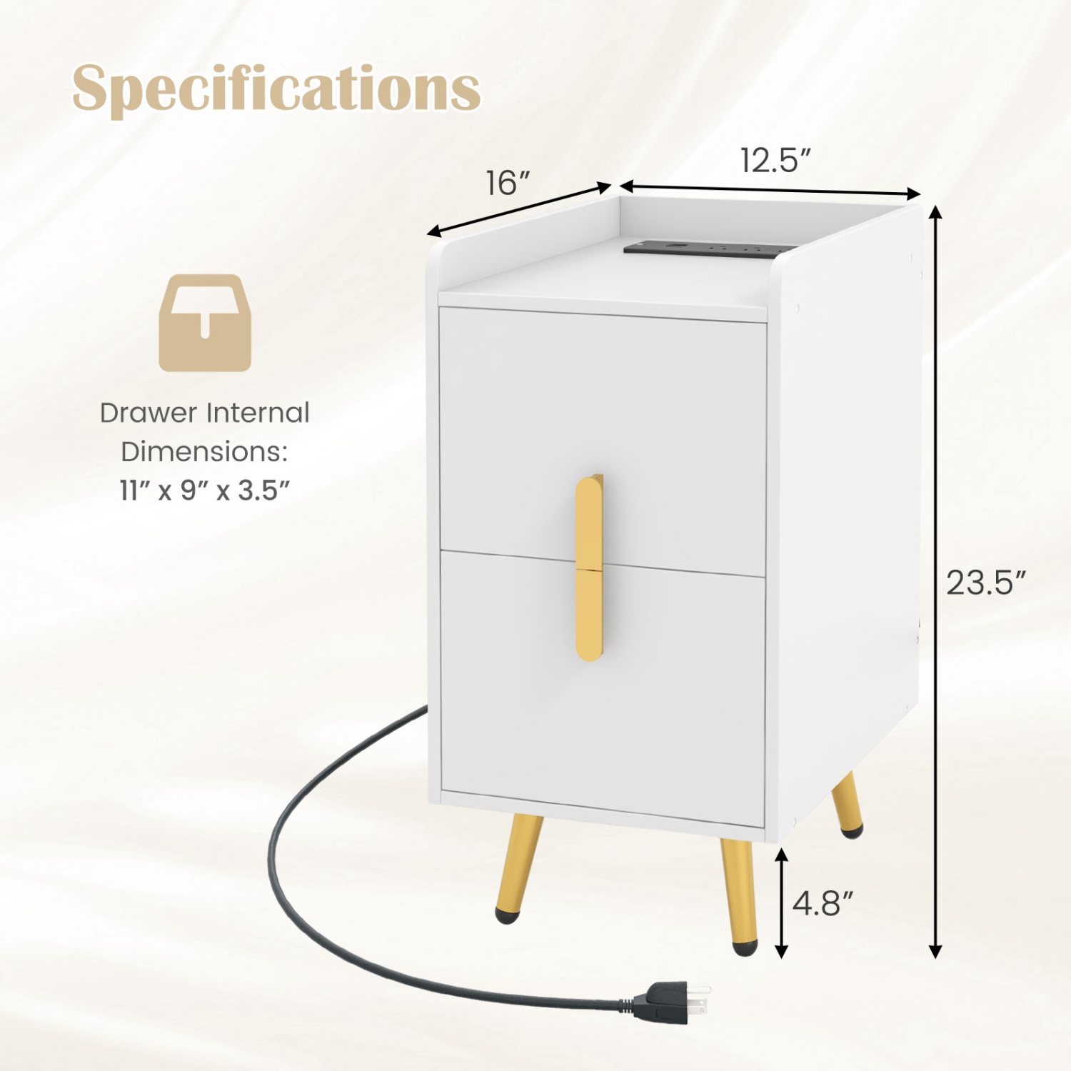 Costway Nightstand with Charging Station Home Bedside Sofa Side Tables with 2 Drawers Coffee/White