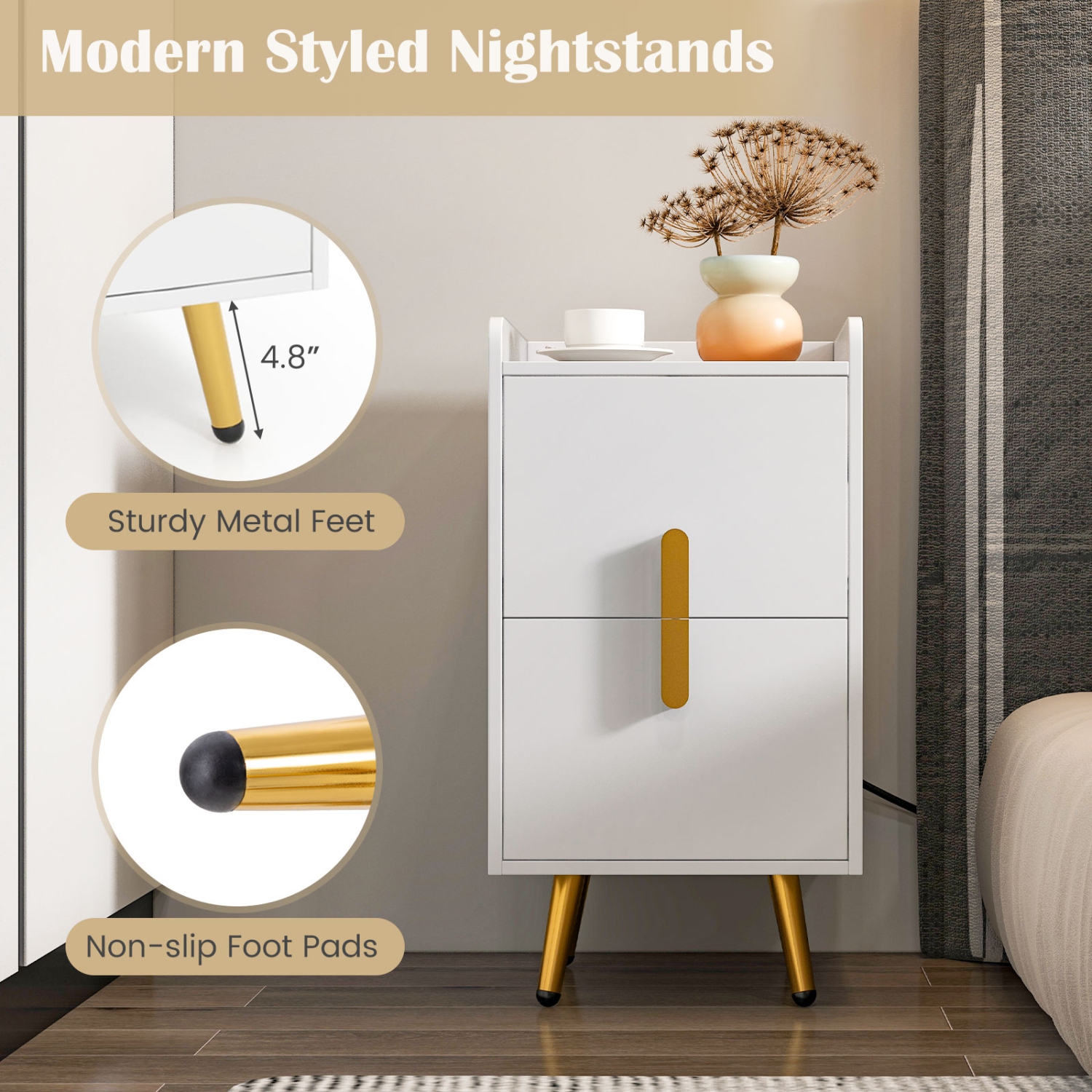 Costway Nightstand with Charging Station Home Bedside Sofa Side Tables with 2 Drawers Coffee/White