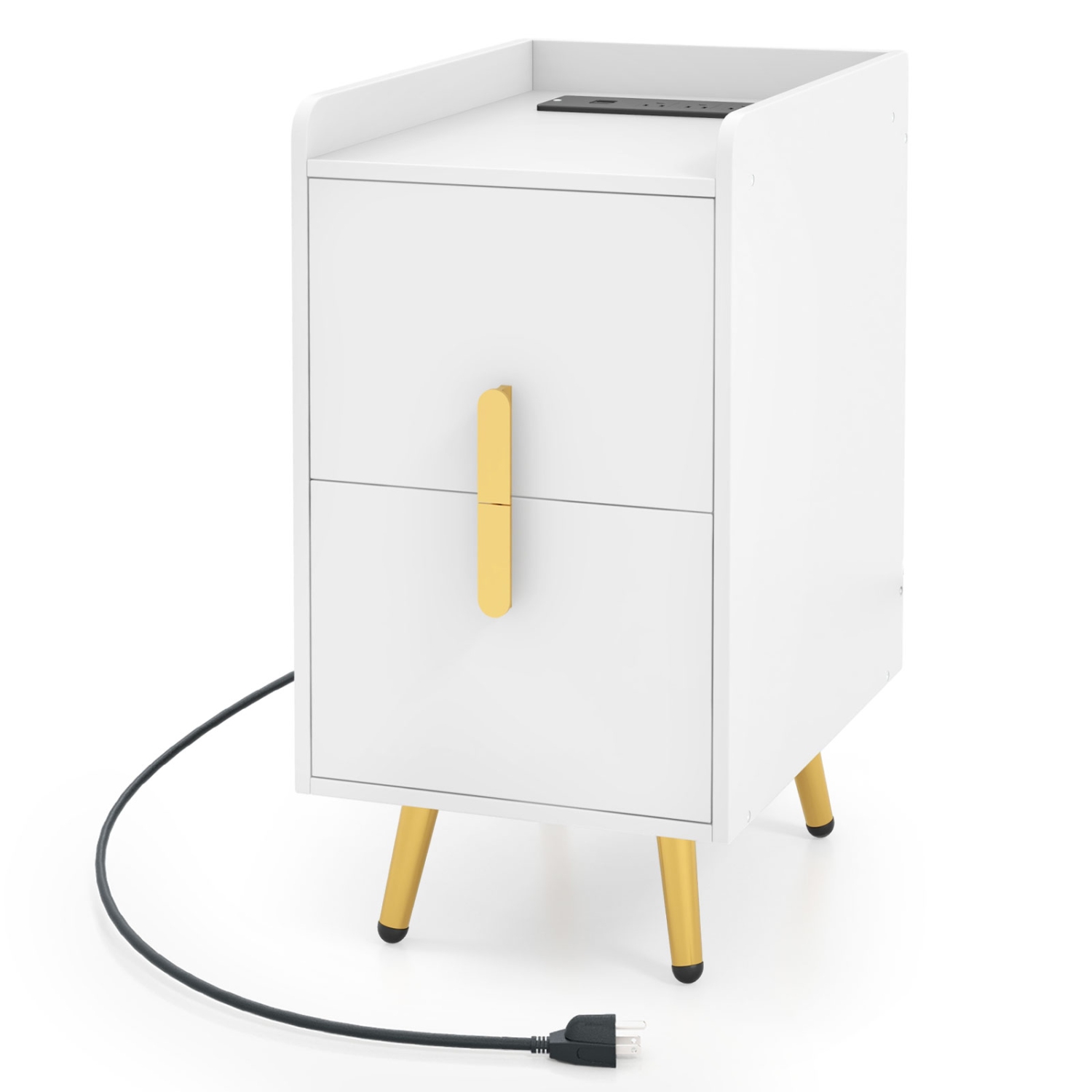 Costway Nightstand with Charging Station Home Bedside Sofa Side Tables with 2 Drawers Coffee/White