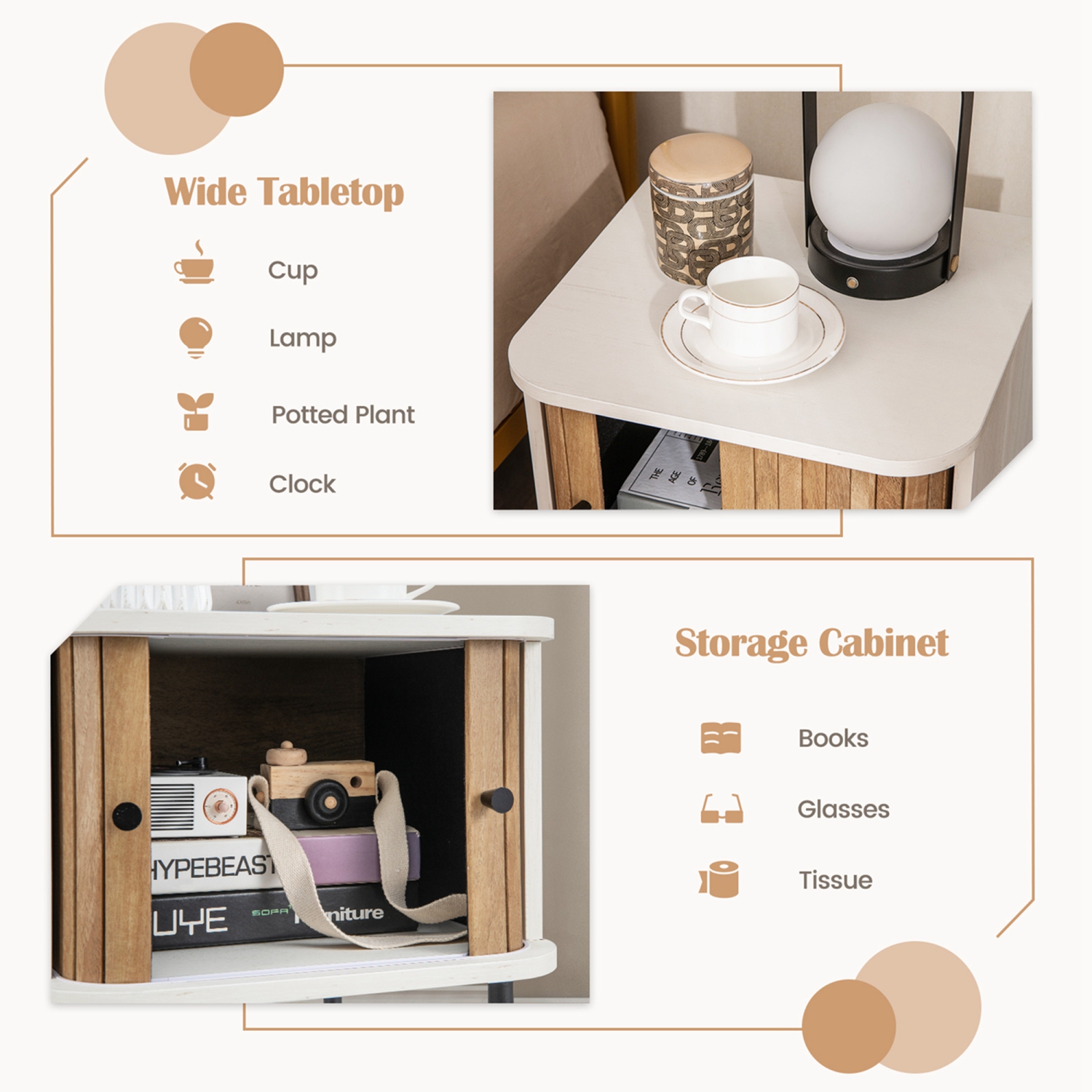 Costway Sliding Door Nightstand Mid-century Modern Storage End Table with Cabinet