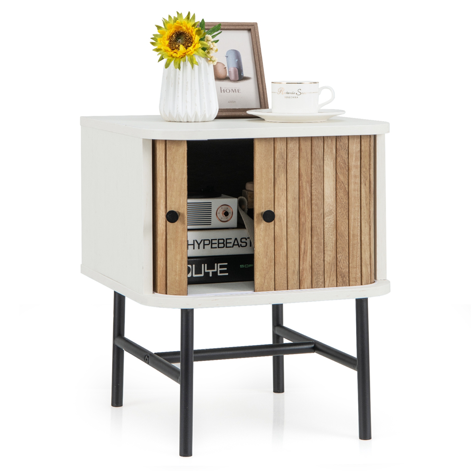 Costway Sliding Door Nightstand Mid-century Modern Storage End Table with Cabinet