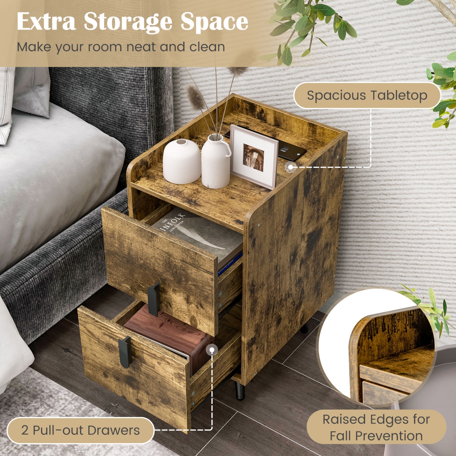 Costway Nightstand with Charging Station Home Bedside Sofa Side Tables with 2 Drawers Coffee/White