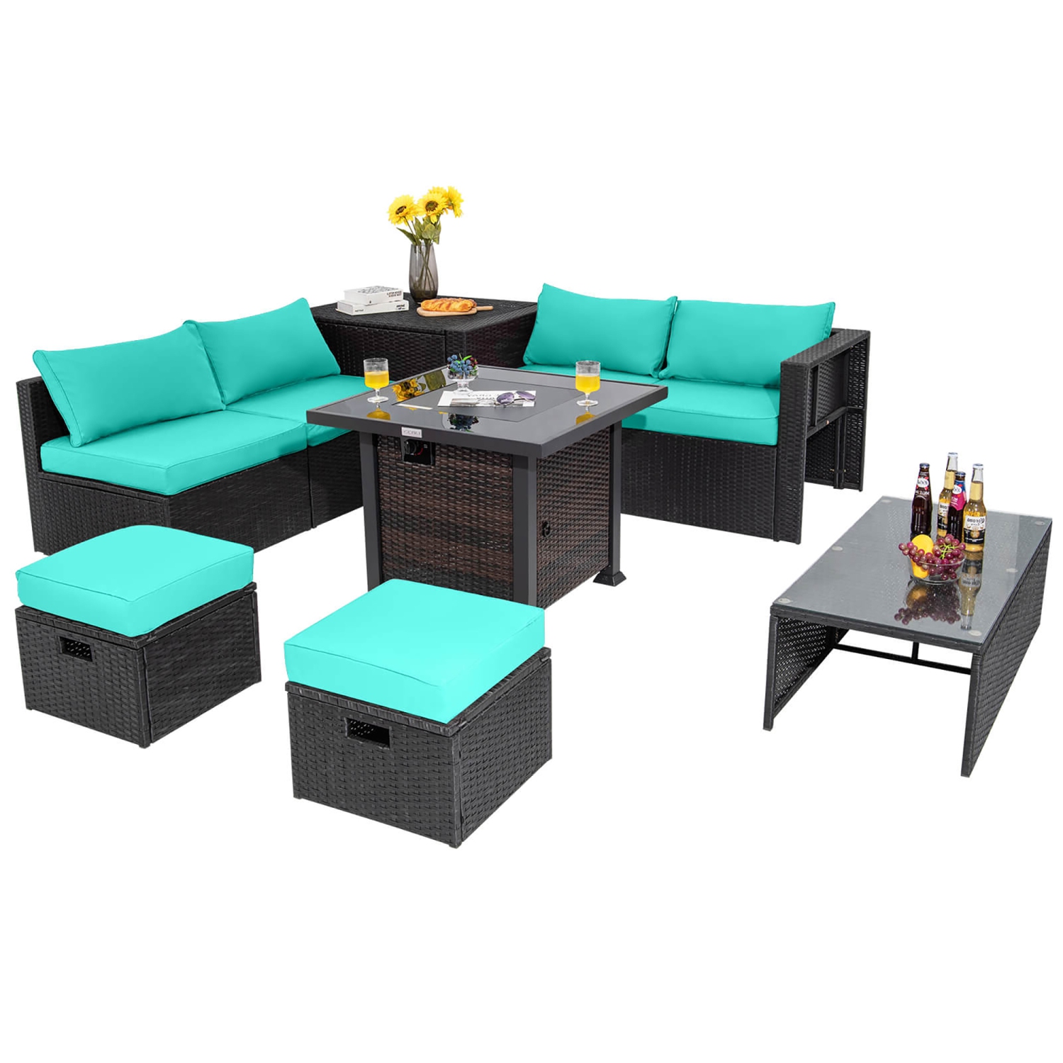 Gymax 9PCS Furniture Set w/ 32'' Fire Pit Table 50,000 BTU Square Propane Fire Pit Patio Turquoise