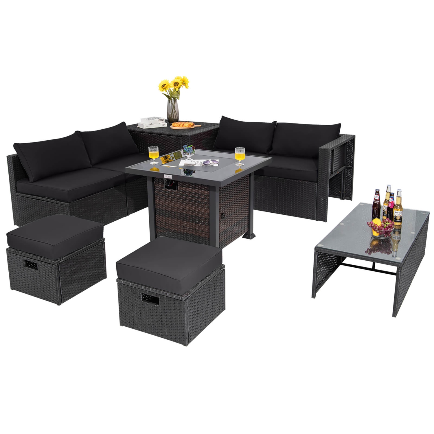Gymax 9PCS Furniture Set w/ 32'' Fire Pit Table 50,000 BTU Square Propane Fire Pit Patio Black