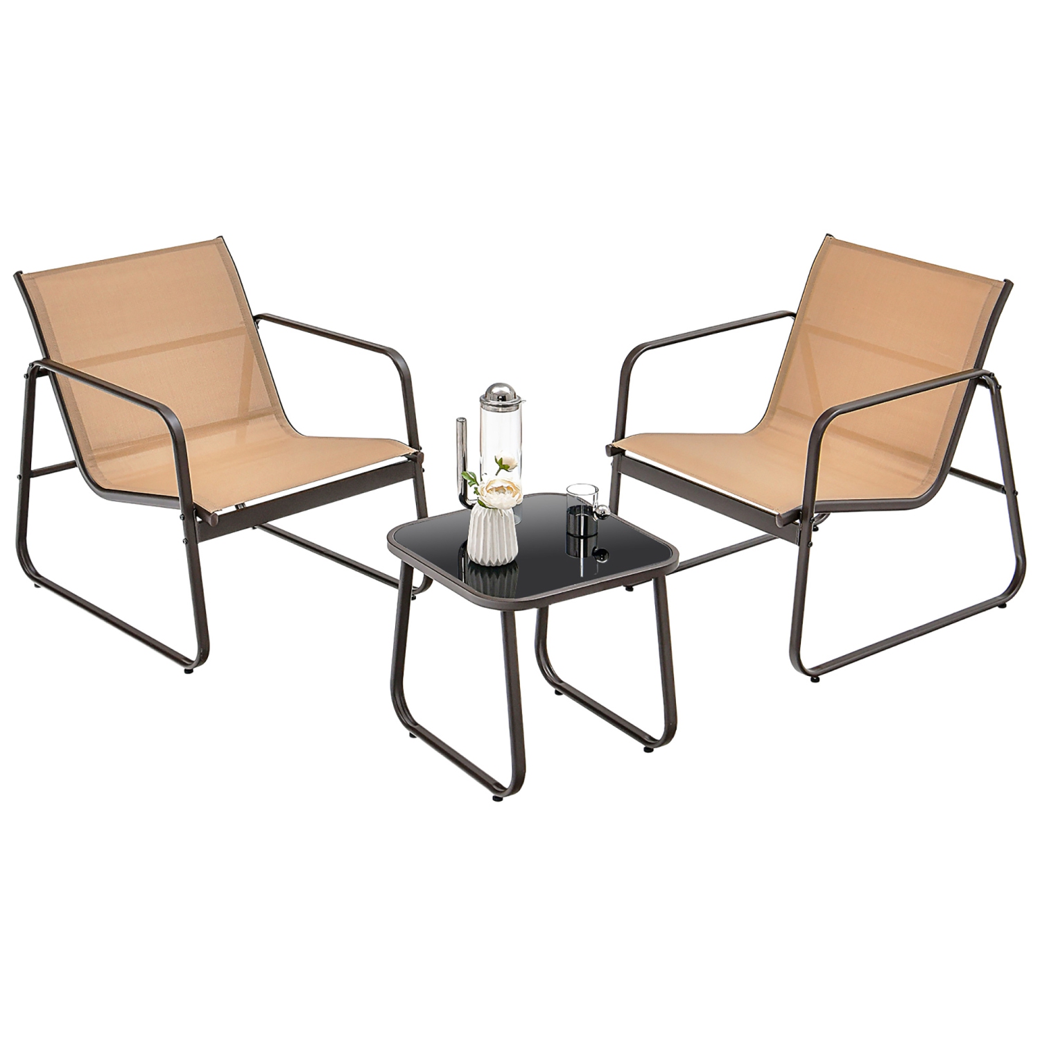 Gymax 3PCS Conversation Set Outdoor Metal Chair & Table Tempered Glass Top Patio