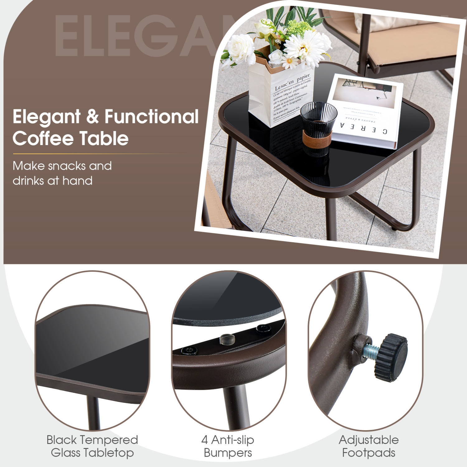 Gymax 3PCS Conversation Set Outdoor Metal Chair & Table Tempered Glass Top Patio