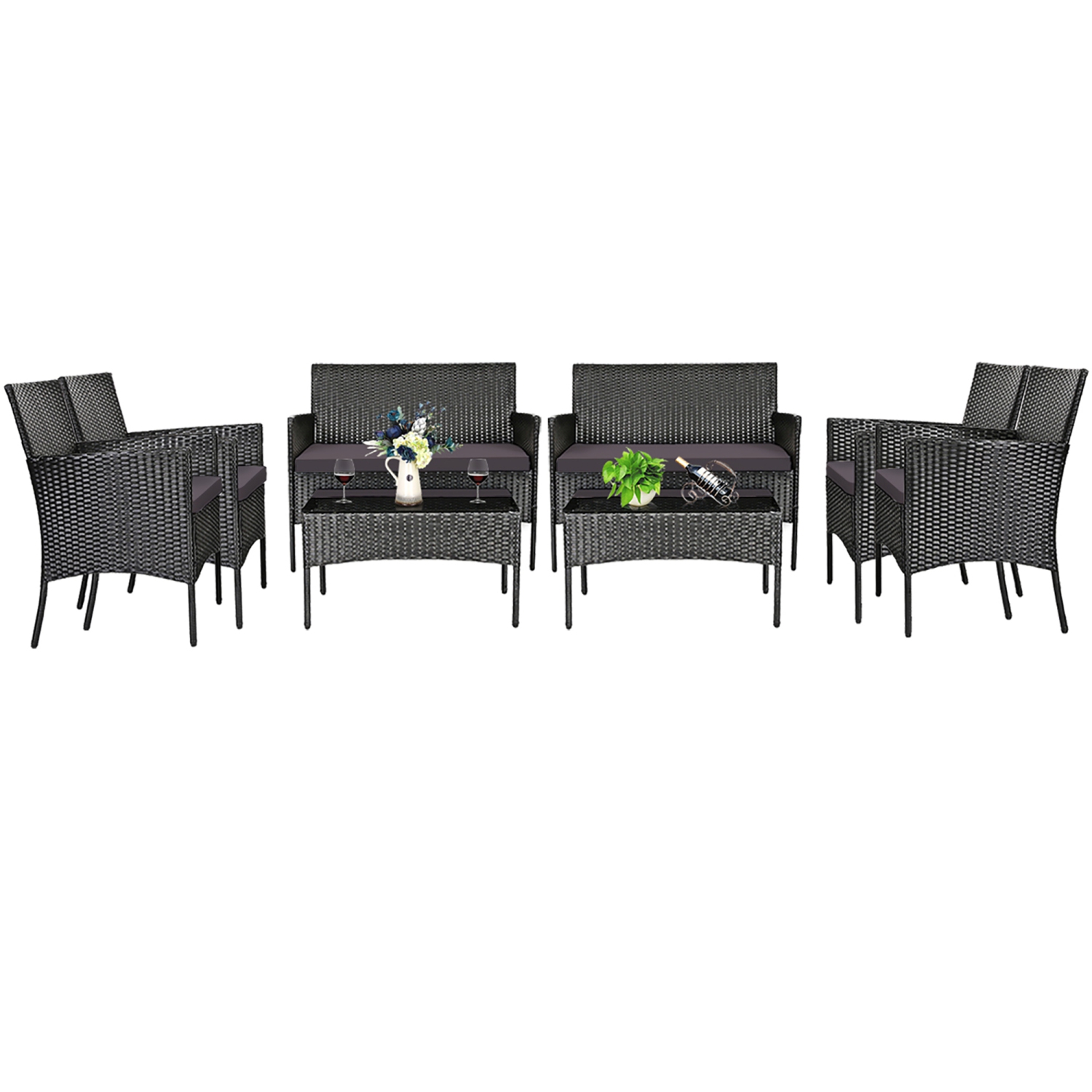 Gymax 8PCS Rattan Furniture Set Cushioned Sofa Coffee Table Backyard Porch Patio Grey