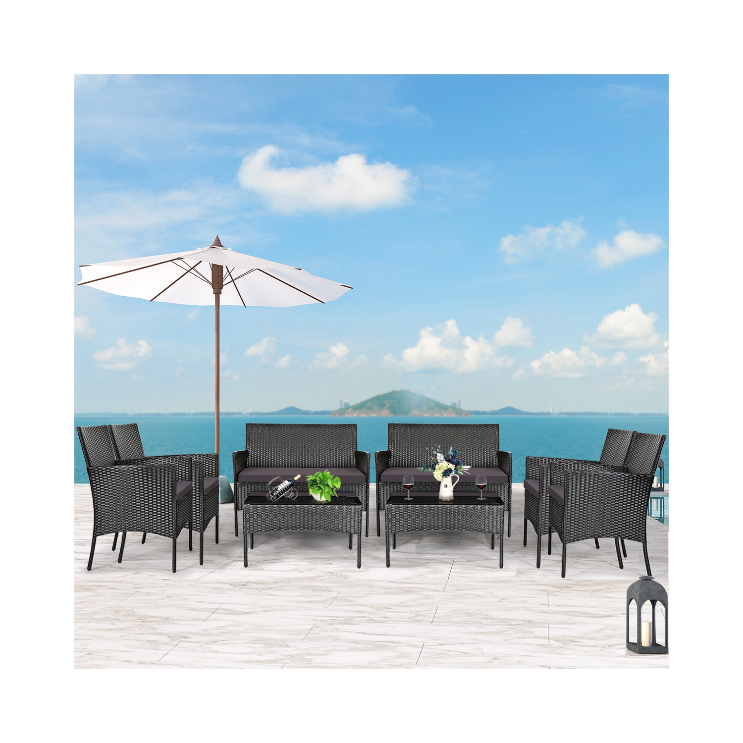 Gymax 8PCS Rattan Furniture Set Cushioned Sofa Coffee Table Backyard Porch Patio Grey
