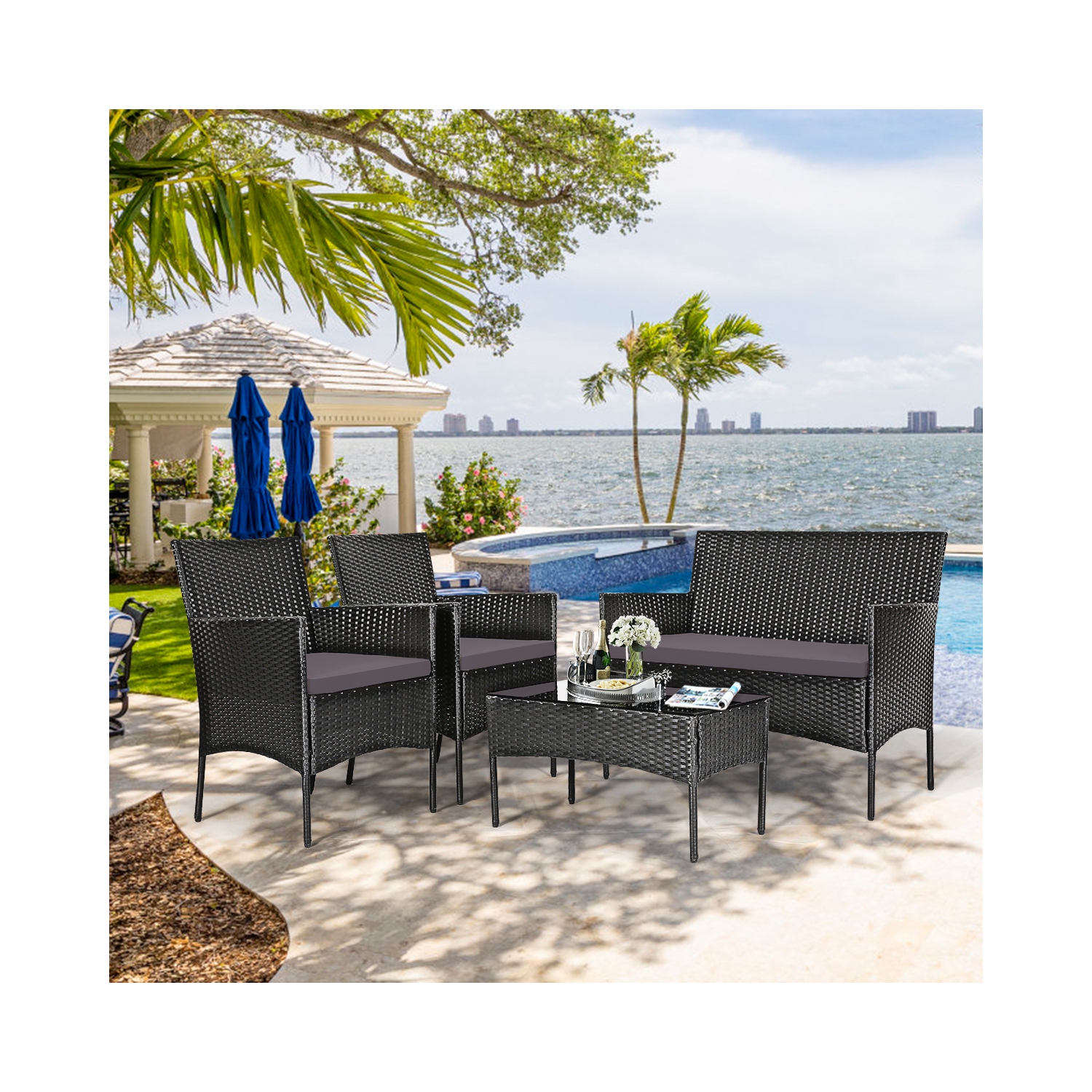 Gymax 8PCS Rattan Furniture Set Cushioned Sofa Coffee Table Backyard Porch Patio Grey