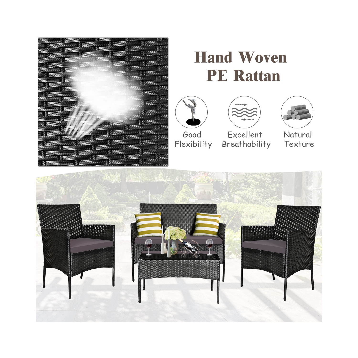 Gymax 8PCS Rattan Furniture Set Cushioned Sofa Coffee Table Backyard Porch Patio Grey