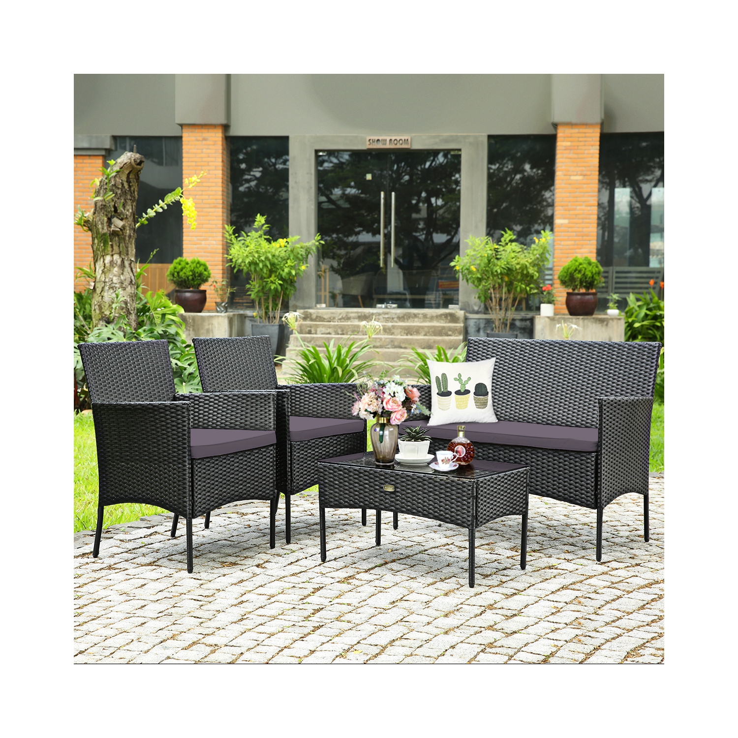 Gymax 8PCS Rattan Furniture Set Cushioned Sofa Coffee Table Backyard Porch Patio Grey