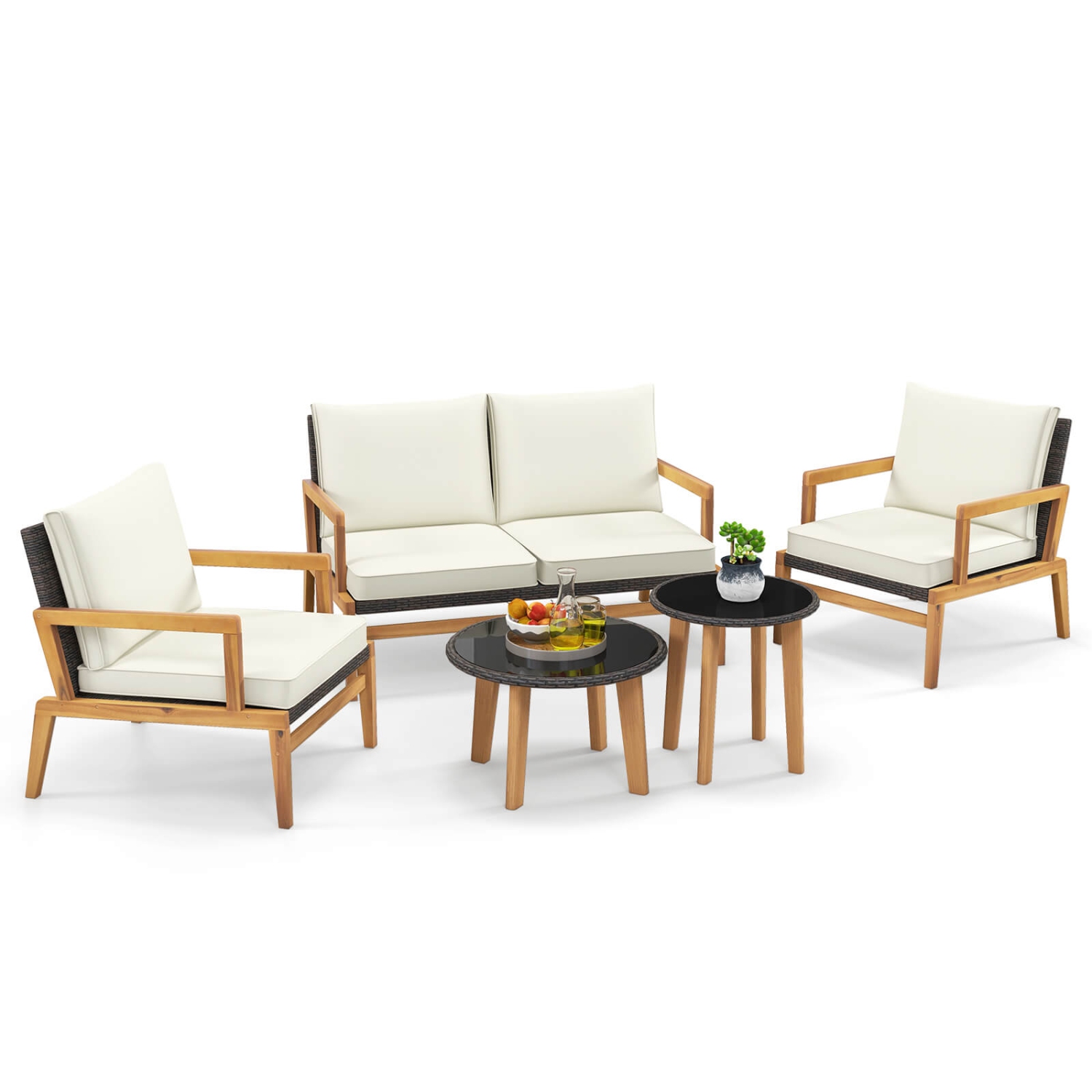Gymax 5 Piece Rattan Furniture Set w/ Wicker Woven Sofa Set & Solid Acacia Wood Frame