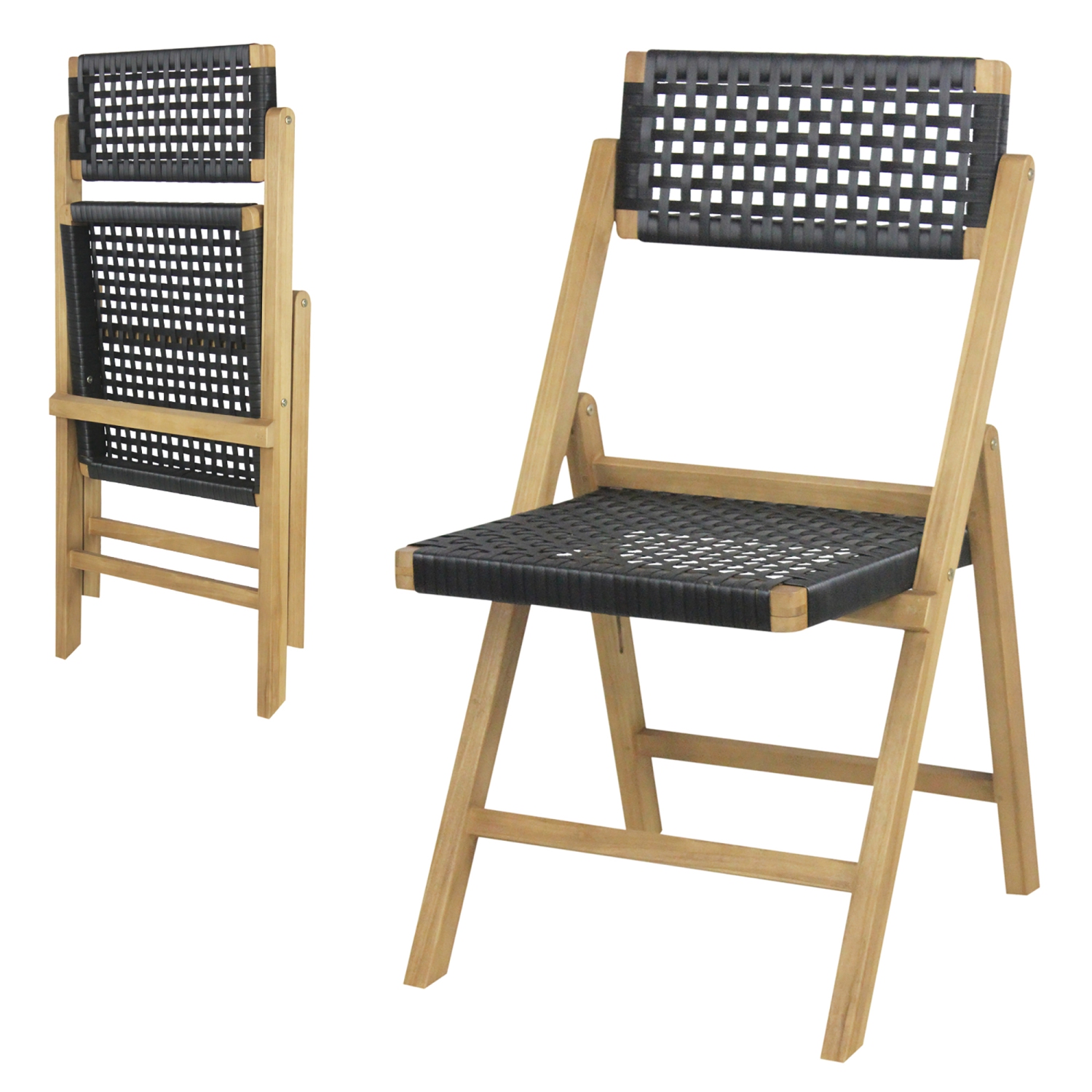 Gymax 2PCS Folding Chairs w/ Woven Rope Seat & High Back Indonesia Teak Patio