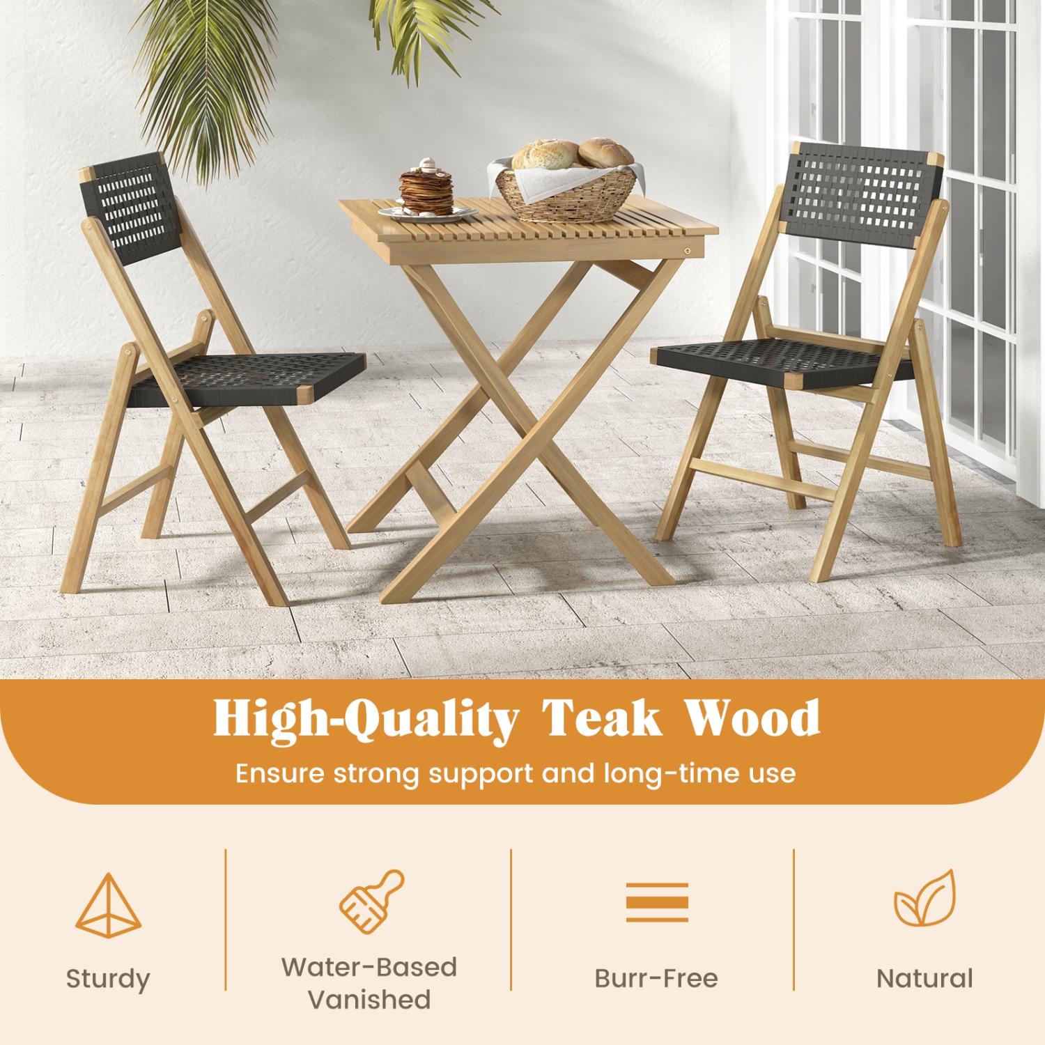 Gymax 2PCS Folding Chairs w/ Woven Rope Seat & High Back Indonesia Teak Patio