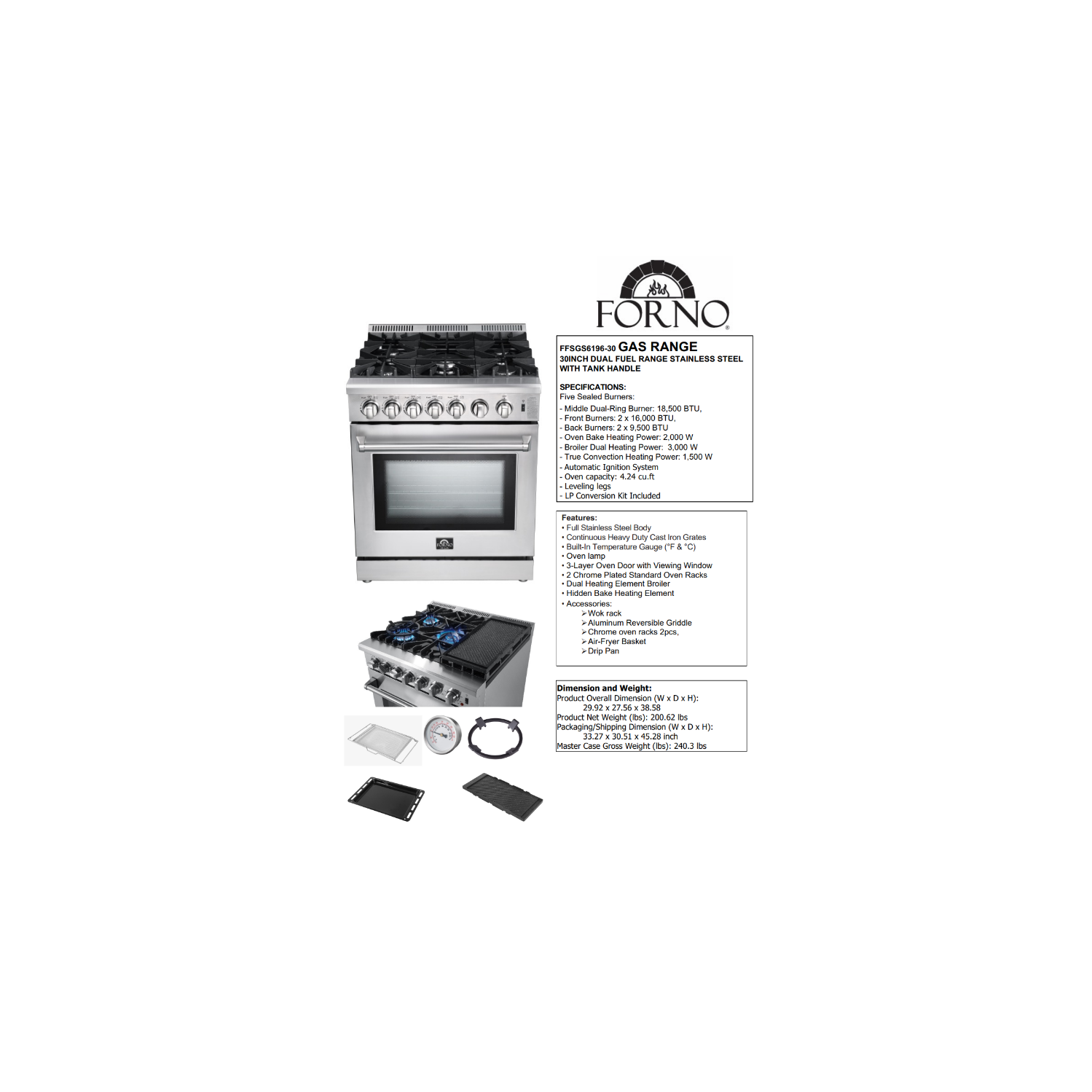 Cuisinière biénergie autonome de 30&nbsp;po de Forno Lazio