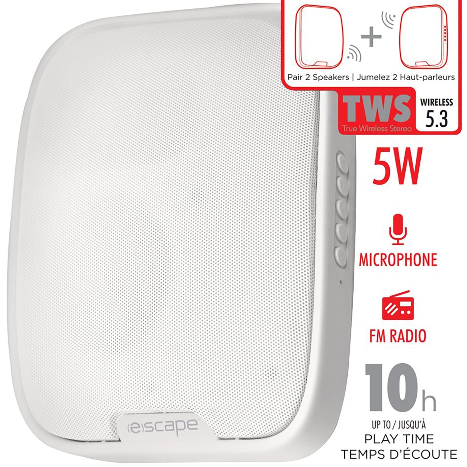Escape - Wireless Wall Speaker with FM Radio and Integrated Microphone, White