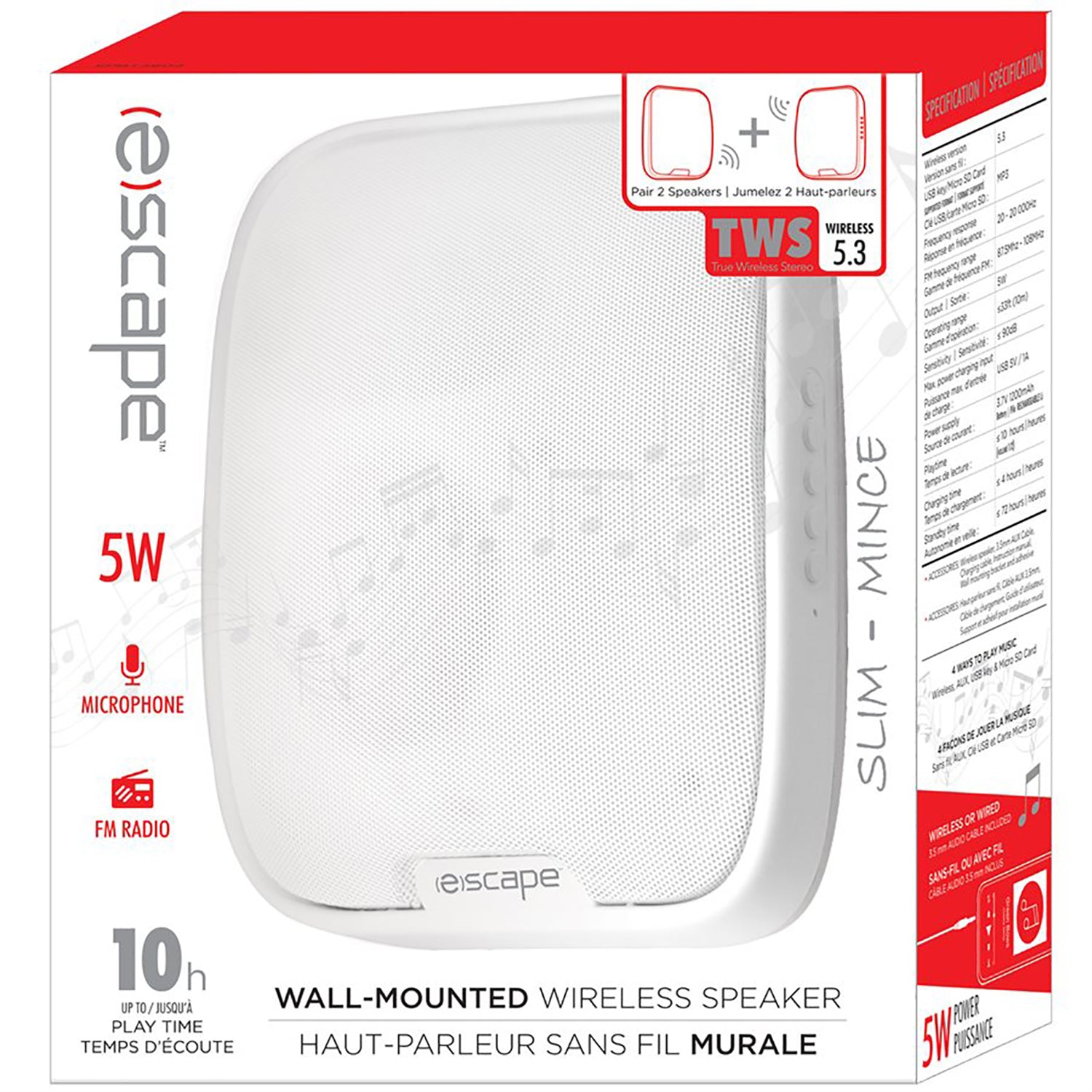 Escape - Wireless Wall Speaker with FM Radio and Integrated Microphone, White