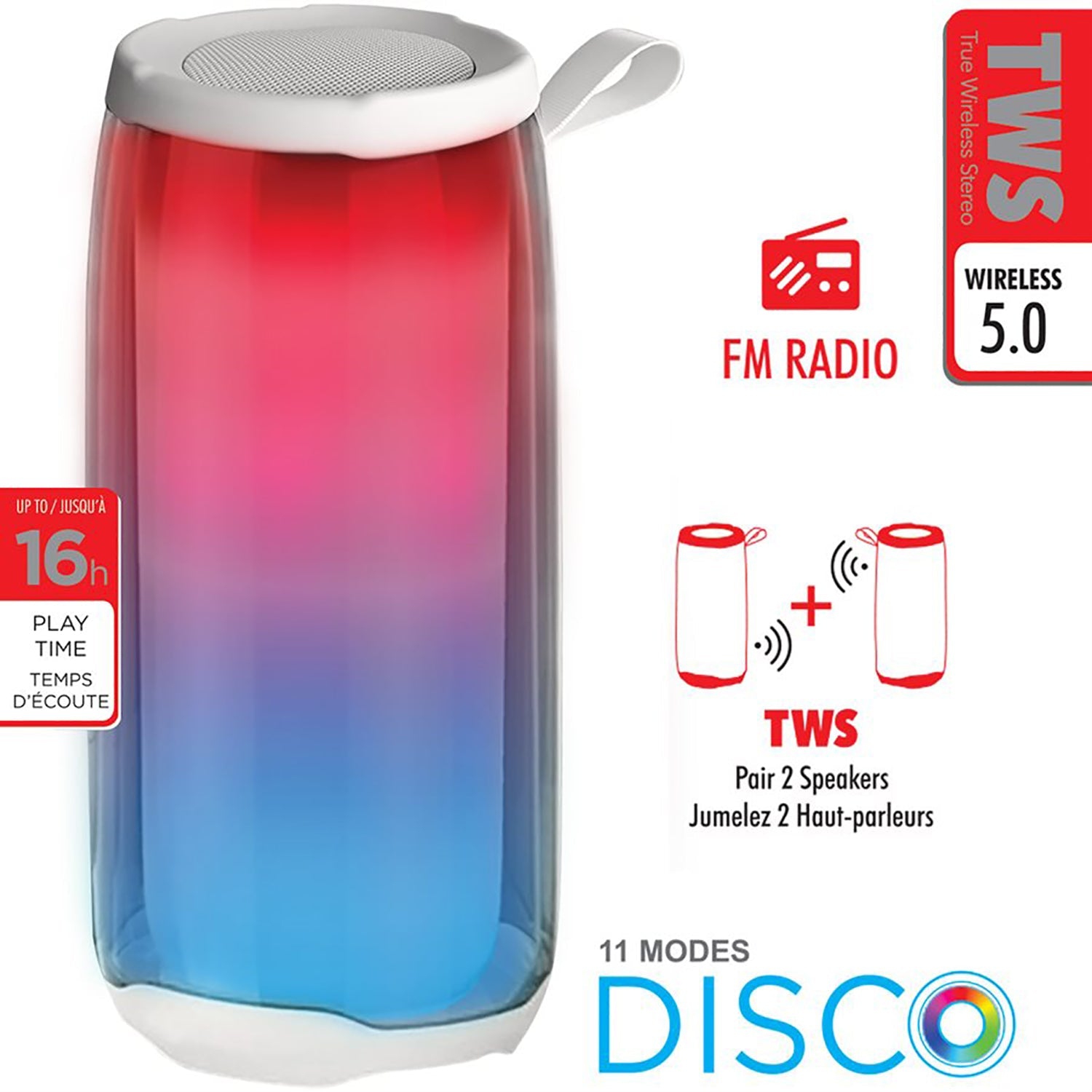 Escape - Portable Wireless Speaker with Microphone, FM Radio and Disco Lighting, White