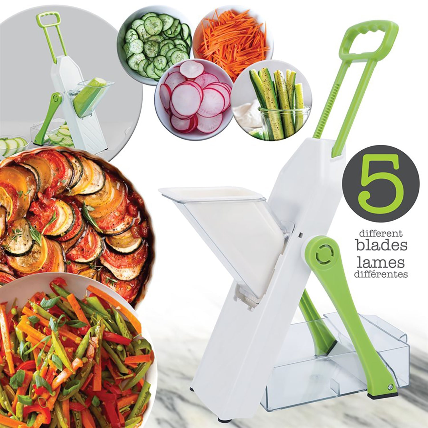 Hauz – Mandoline réglable Safe-Slice avec 5 lames différentes, sans BPA, vert