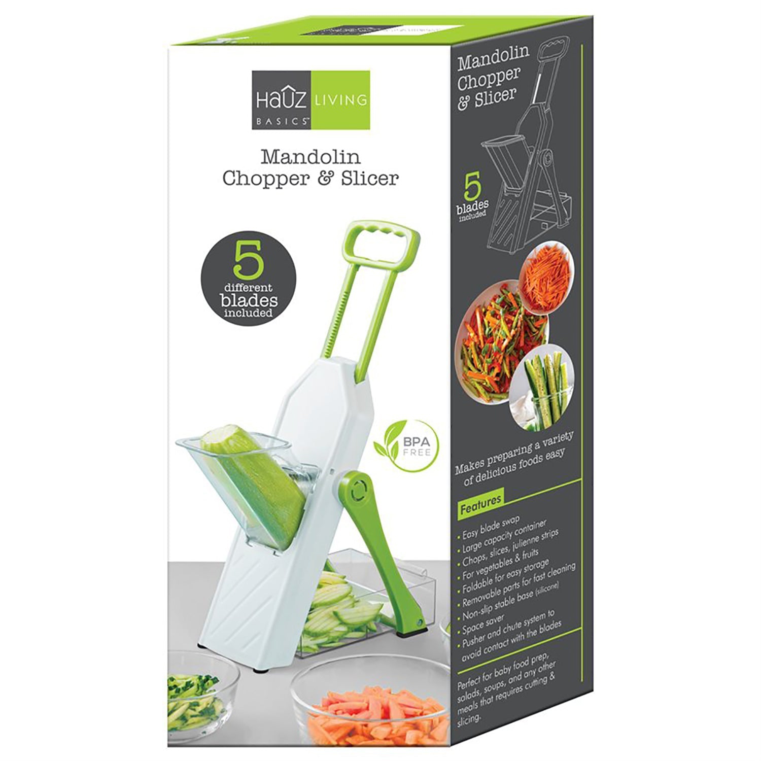 Hauz – Mandoline réglable Safe-Slice avec 5 lames différentes, sans BPA, vert