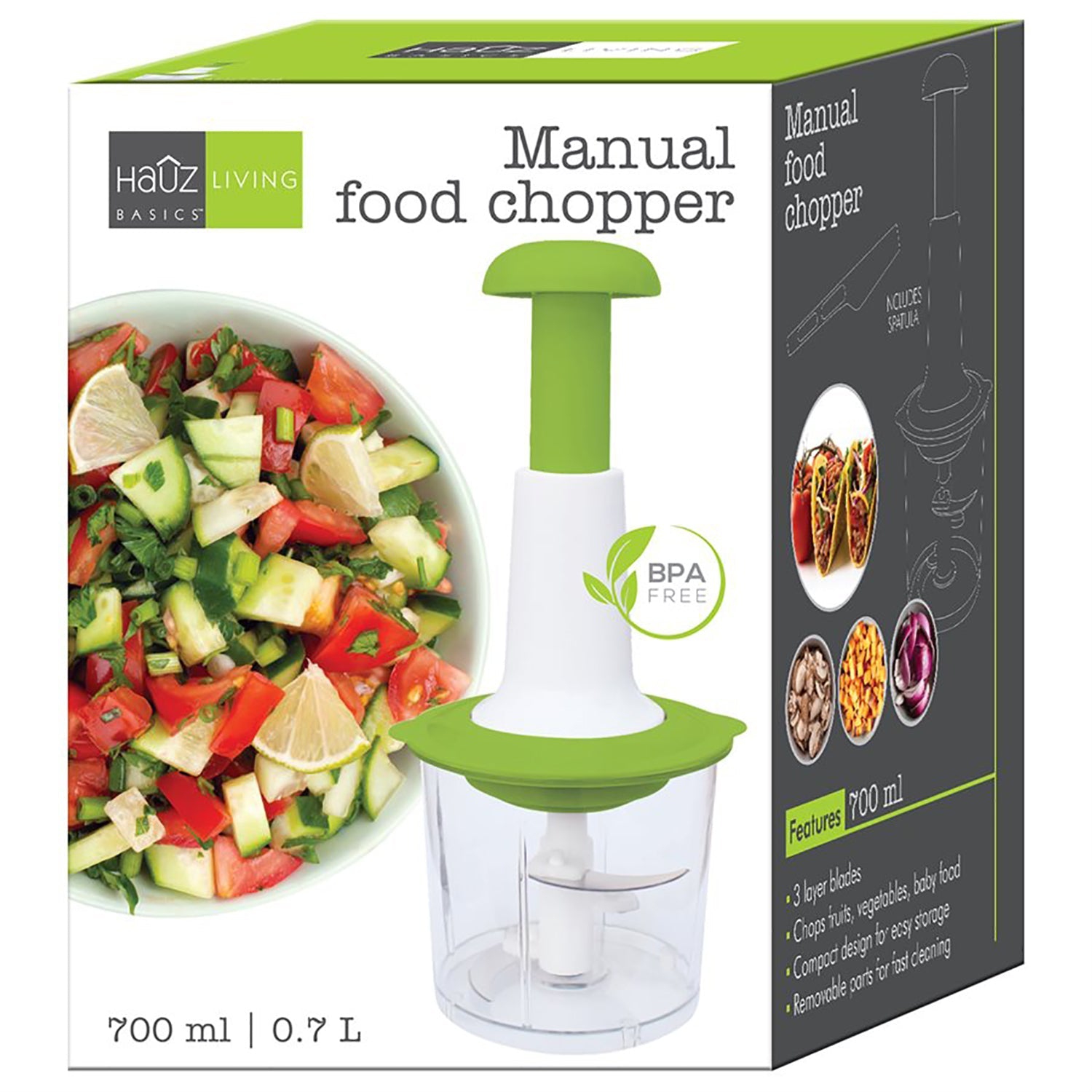 Hauz - Manual Chopper with 3 Blades, 700ml Capacity, BPA Free, Green