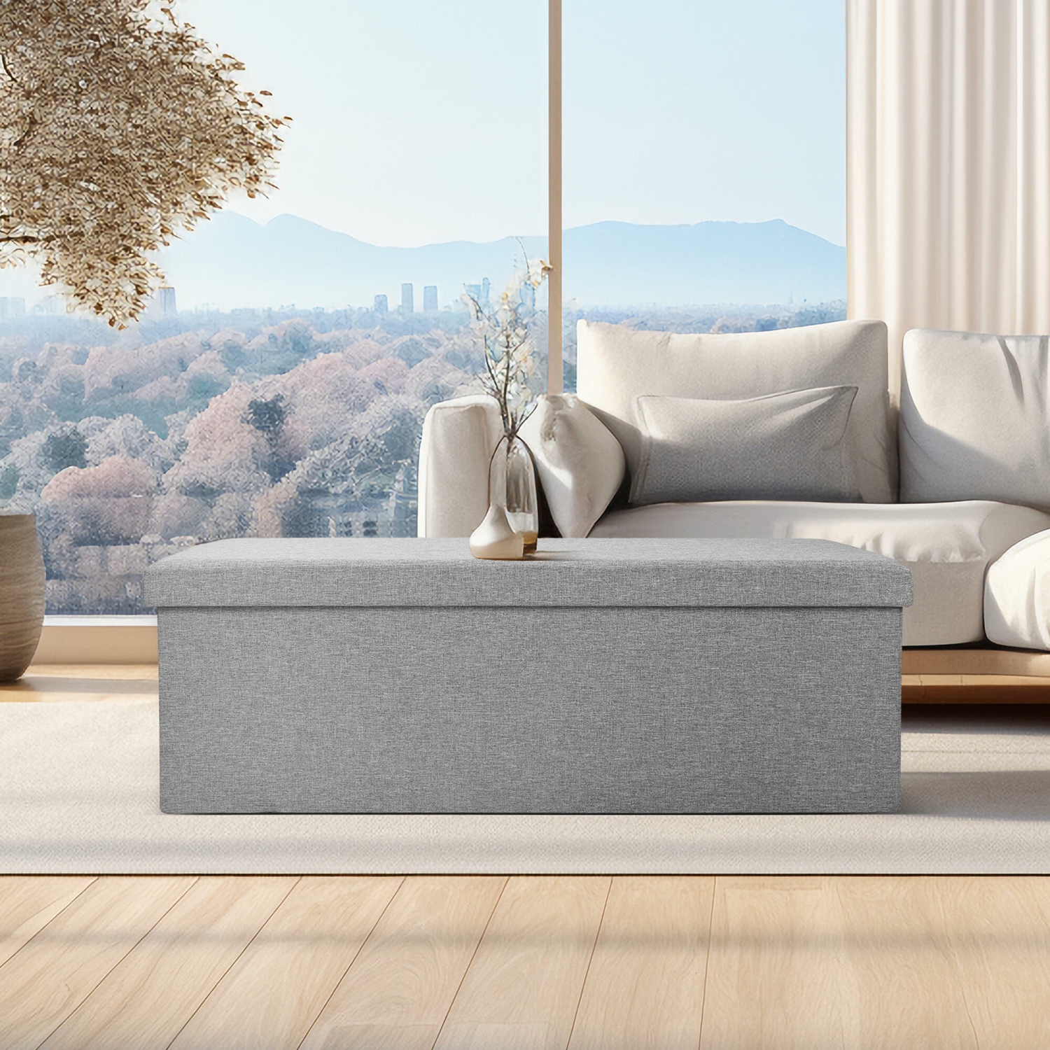 45 Inches Foldable Storage Ottoman Bench, Poly Linen Storage Bench, Storage Chest Padded Seat Footrest Stool,Grey