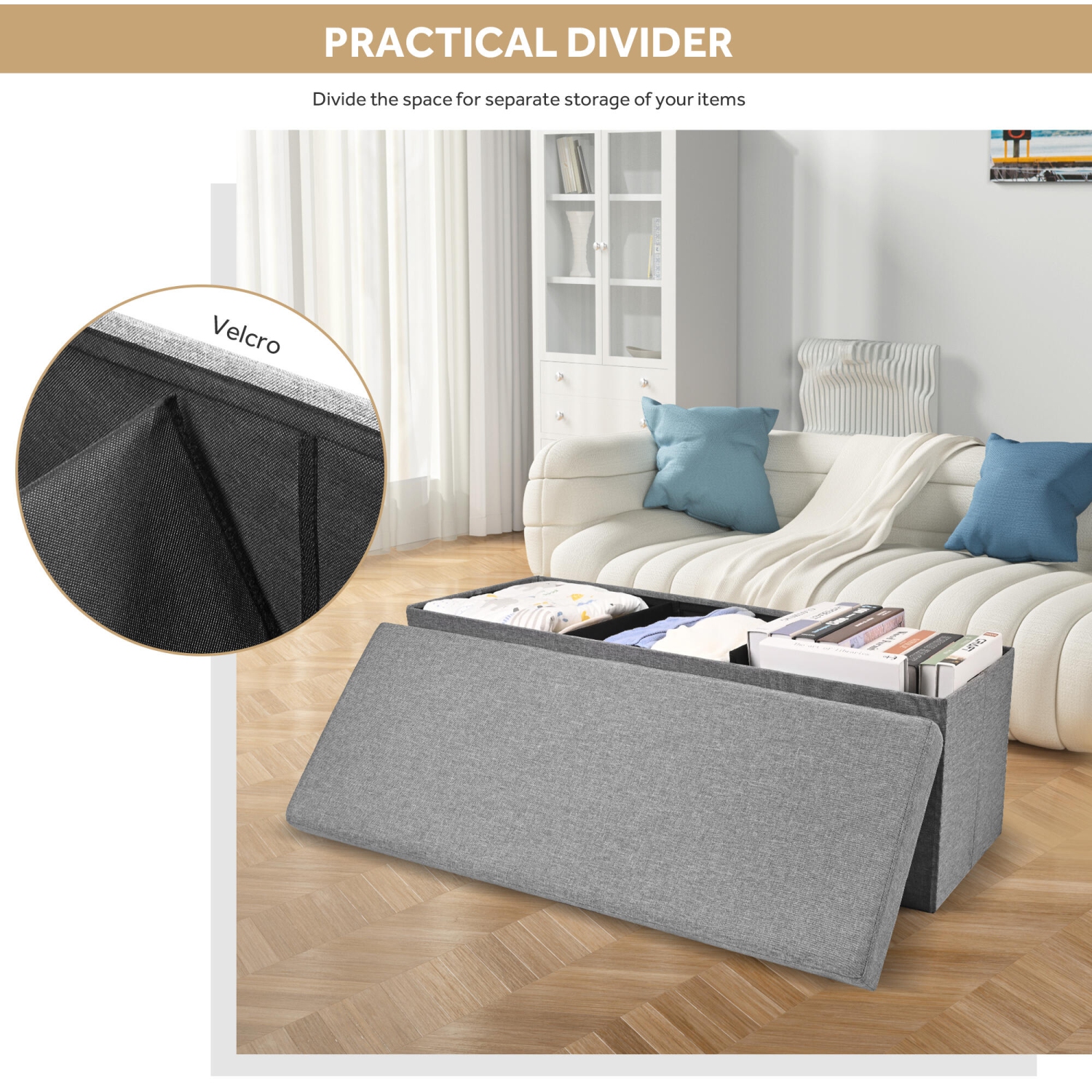 45 Inches Foldable Storage Ottoman Bench, Poly Linen Storage Bench, Storage Chest Padded Seat Footrest Stool,Grey