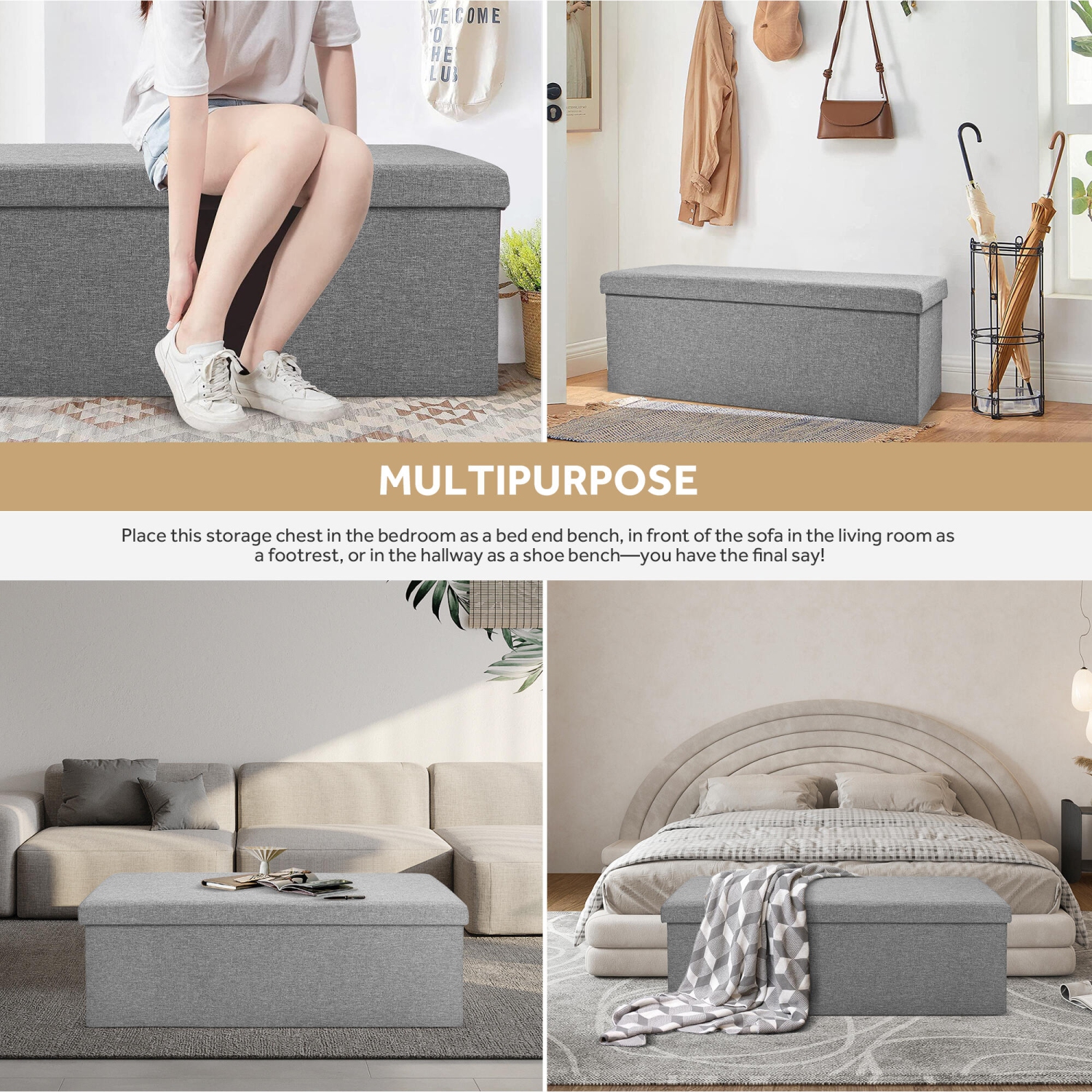 45 Inches Foldable Storage Ottoman Bench, Poly Linen Storage Bench, Storage Chest Padded Seat Footrest Stool,Grey