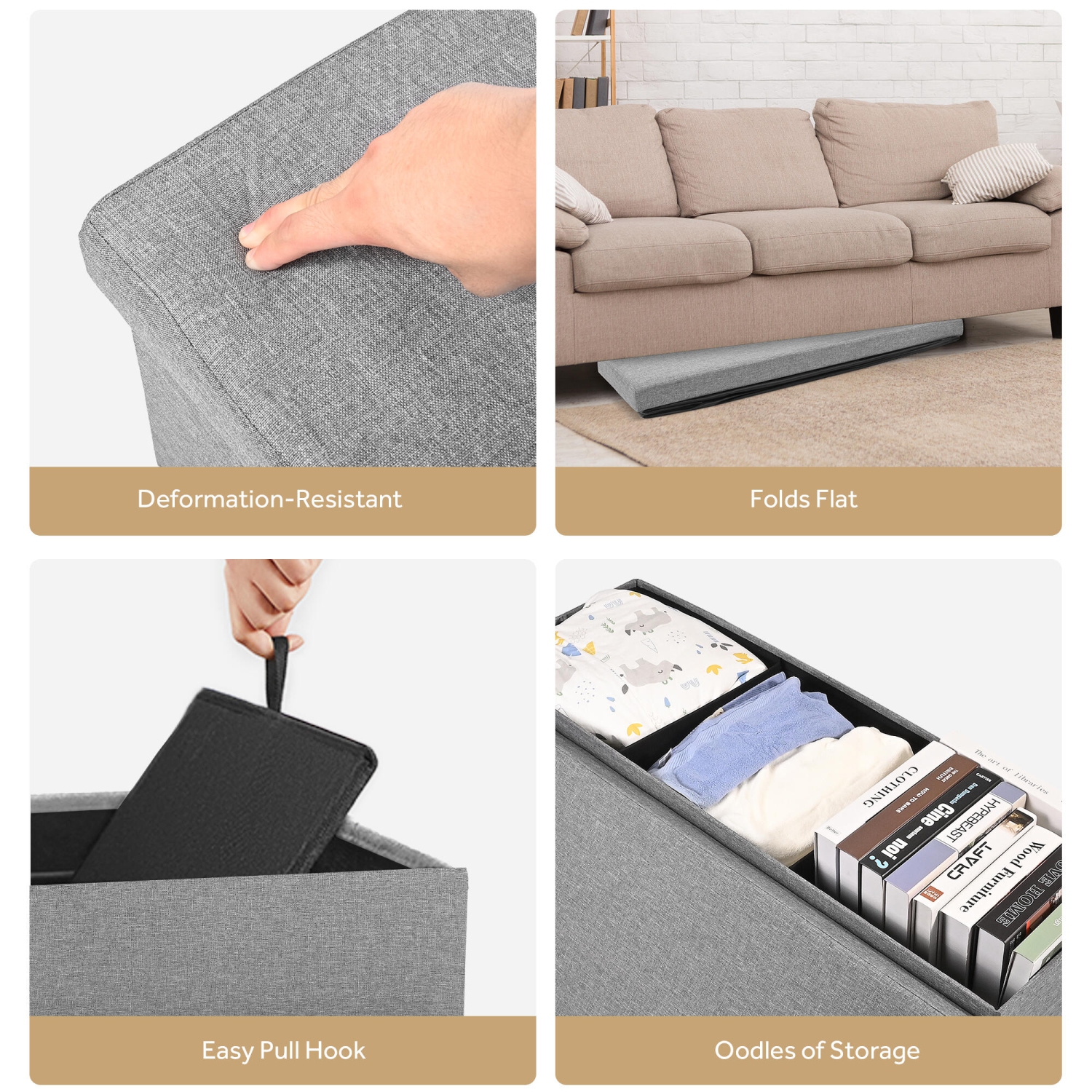 45 Inches Foldable Storage Ottoman Bench, Poly Linen Storage Bench, Storage Chest Padded Seat Footrest Stool,Grey