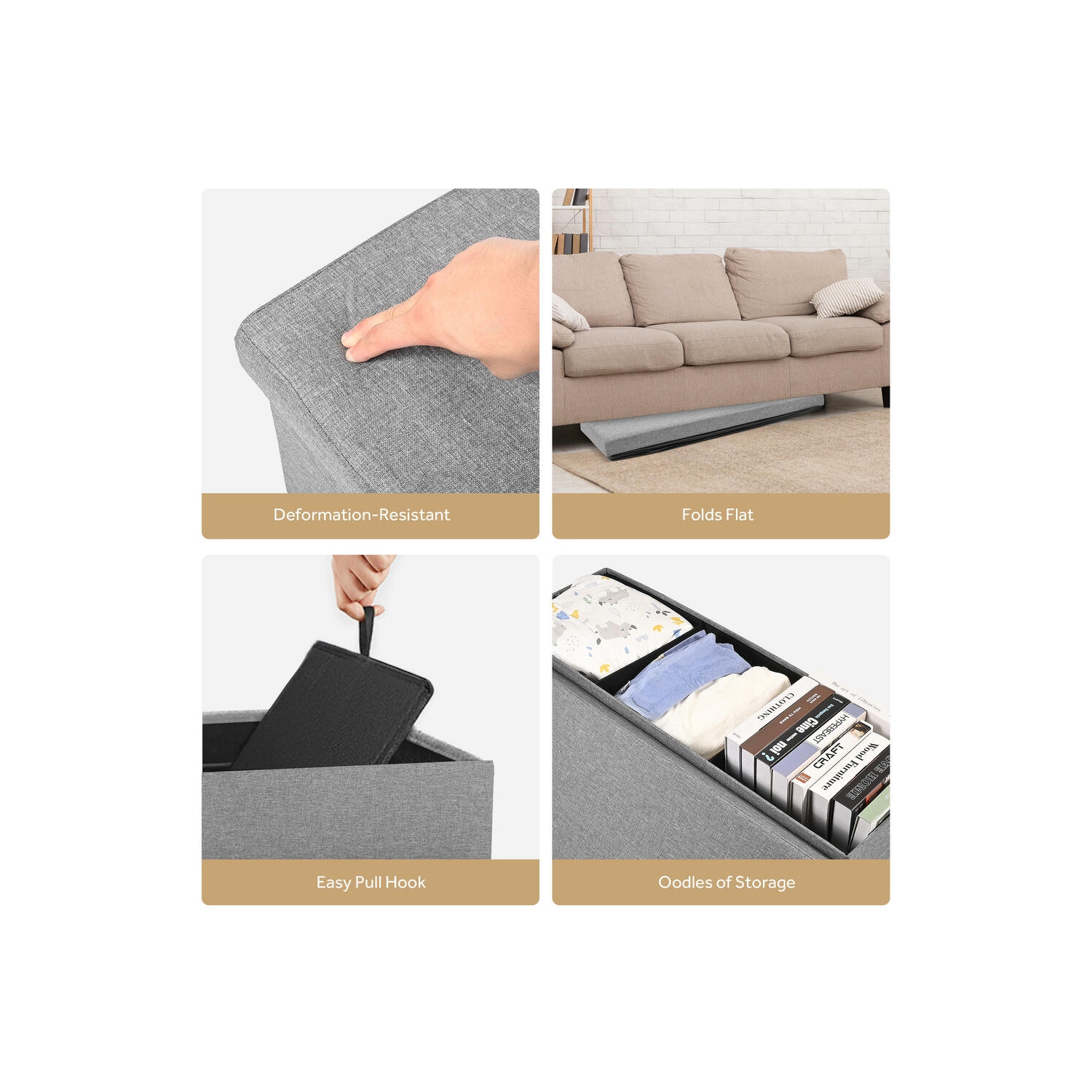 45 Inches Foldable Storage Ottoman Bench, Poly Linen Storage Bench, Storage Chest Padded Seat Footrest Stool,Grey