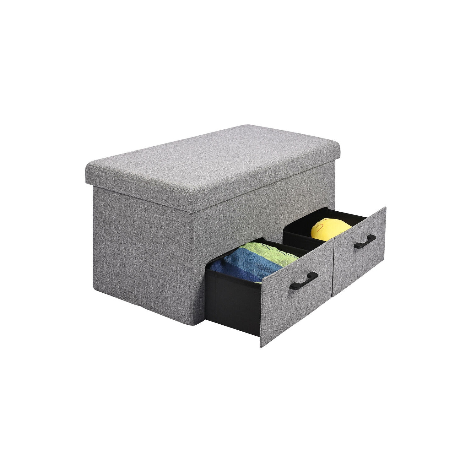 31 Inches Storage Ottoman With Two Drawer, Poly Linen Folding Ottomans Storage Chest Foot Rest Stool and Padded Seat Footrest