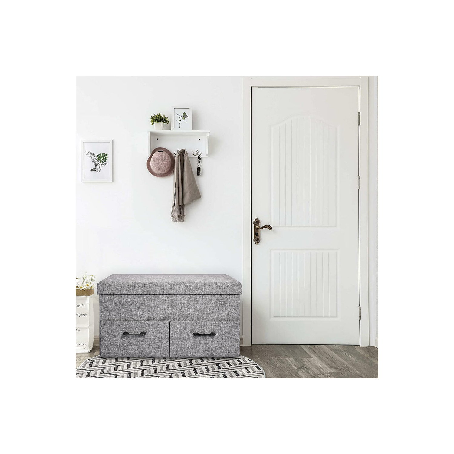 31 Inches Storage Ottoman With Two Drawer, Poly Linen Folding Ottomans Storage Chest Foot Rest Stool and Padded Seat Footrest