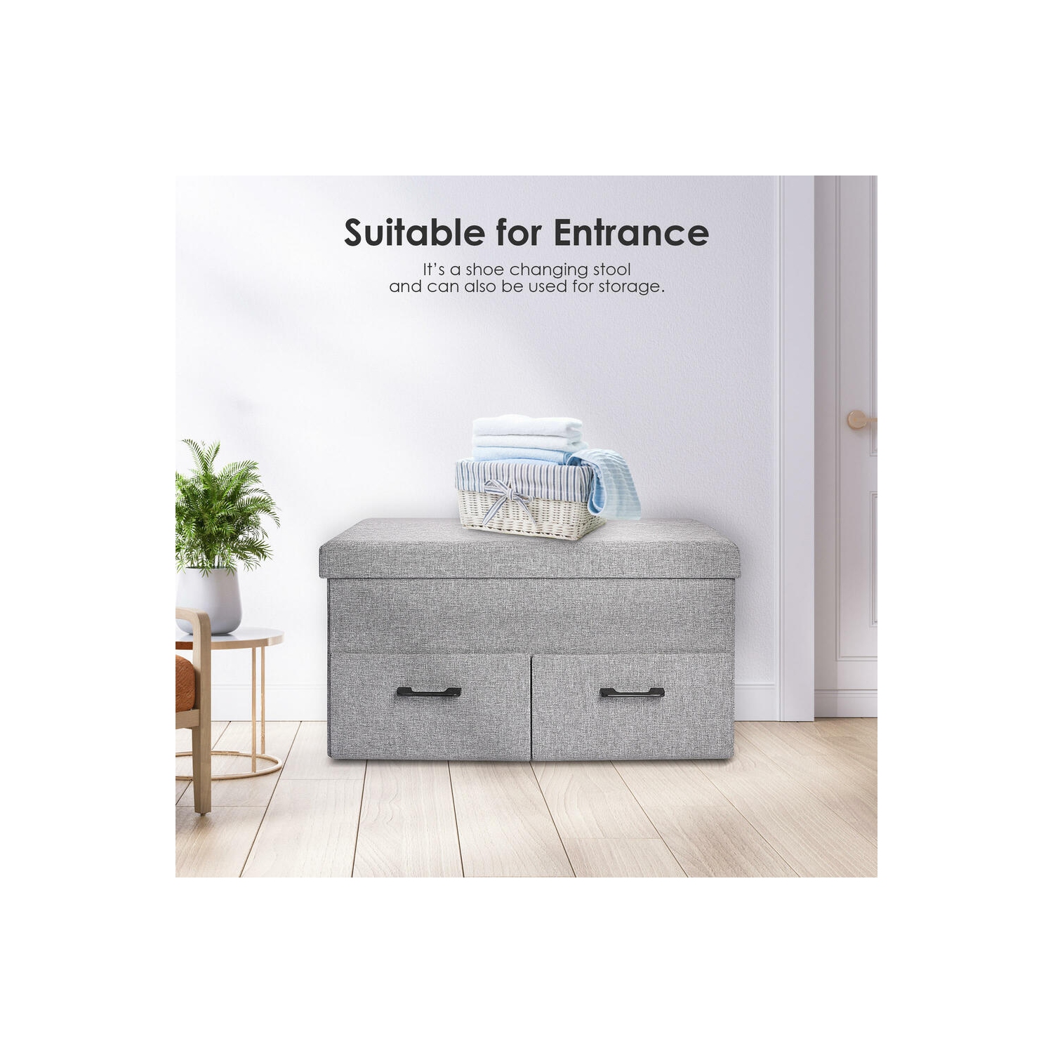 31 Inches Storage Ottoman With Two Drawer, Poly Linen Folding Ottomans Storage Chest Foot Rest Stool and Padded Seat Footrest