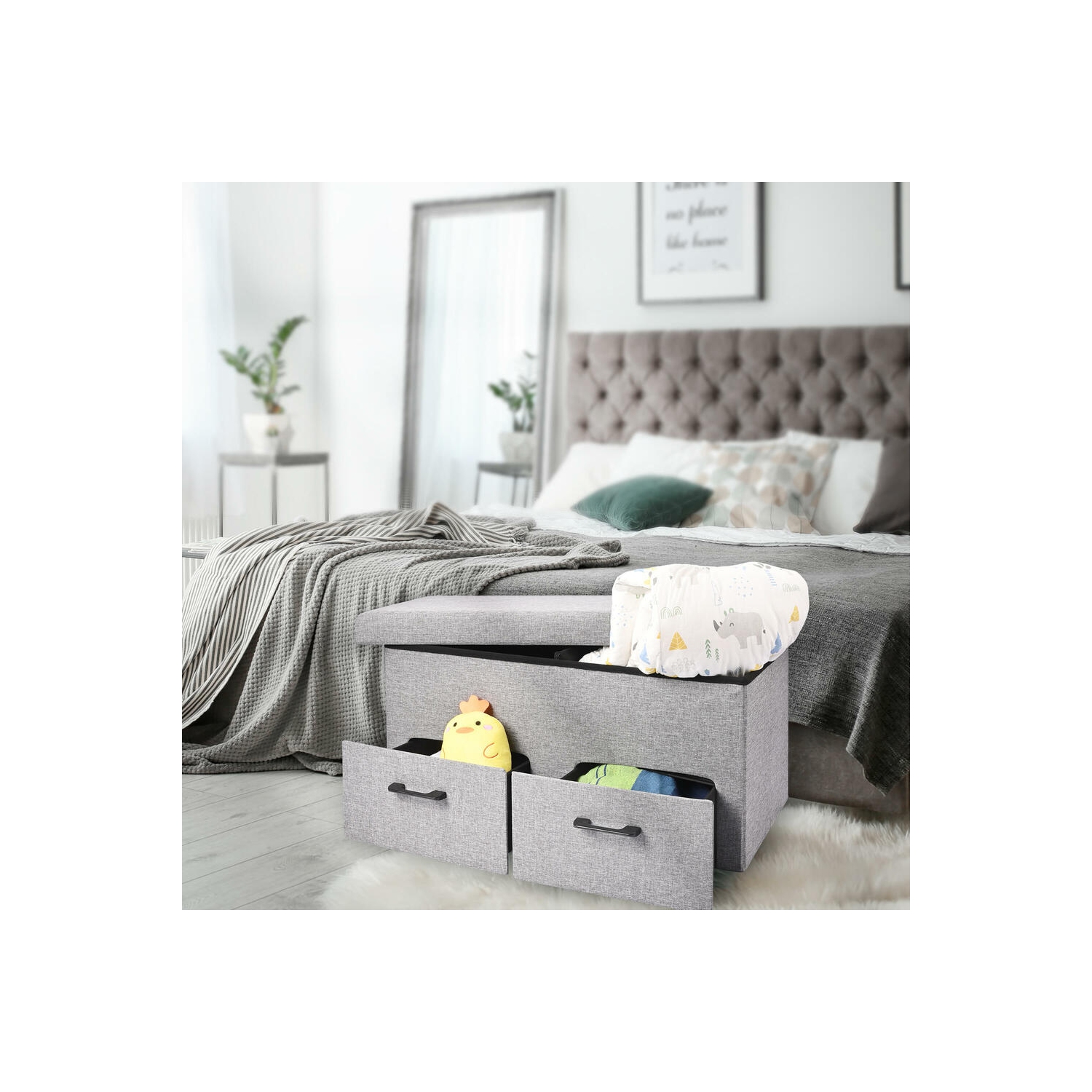 31 Inches Storage Ottoman With Two Drawer, Poly Linen Folding Ottomans Storage Chest Foot Rest Stool and Padded Seat Footrest