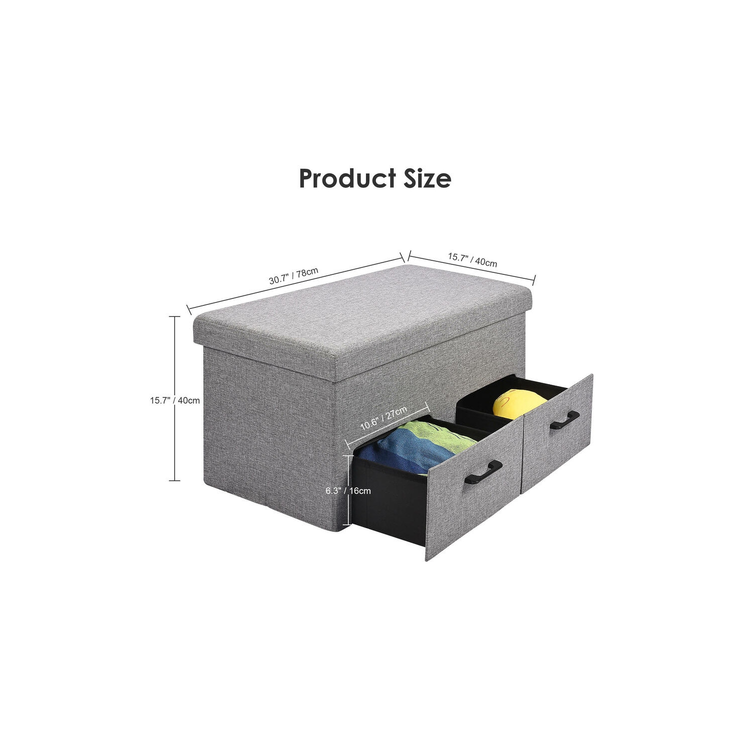 31 Inches Storage Ottoman With Two Drawer, Poly Linen Folding Ottomans Storage Chest Foot Rest Stool and Padded Seat Footrest