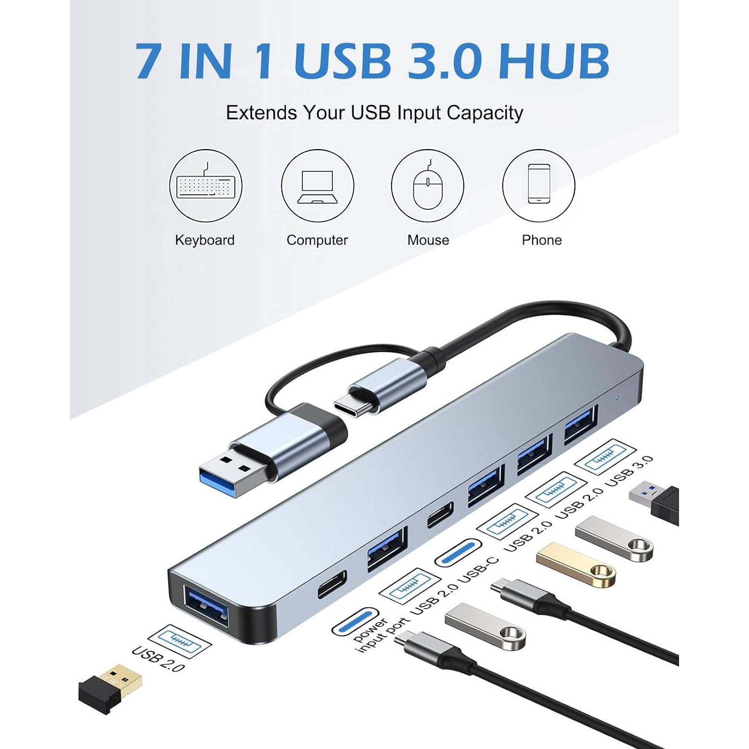 Concentrateur USB-C, station d’accueil USB 7-en-1 à ports multiples de type C, concentrateur USB multiple compatible pour ordinateur portatif,