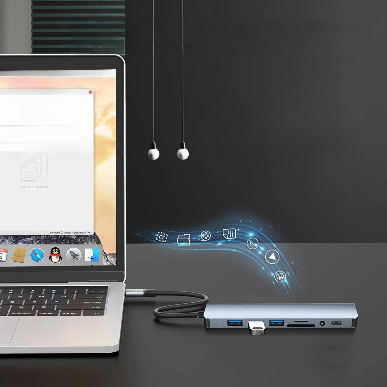 Concentrateur USB-C, station d’accueil USB 8-en-1 à ports multiples de type C, concentrateur USB multiple compatible pour ordinateur portatif,