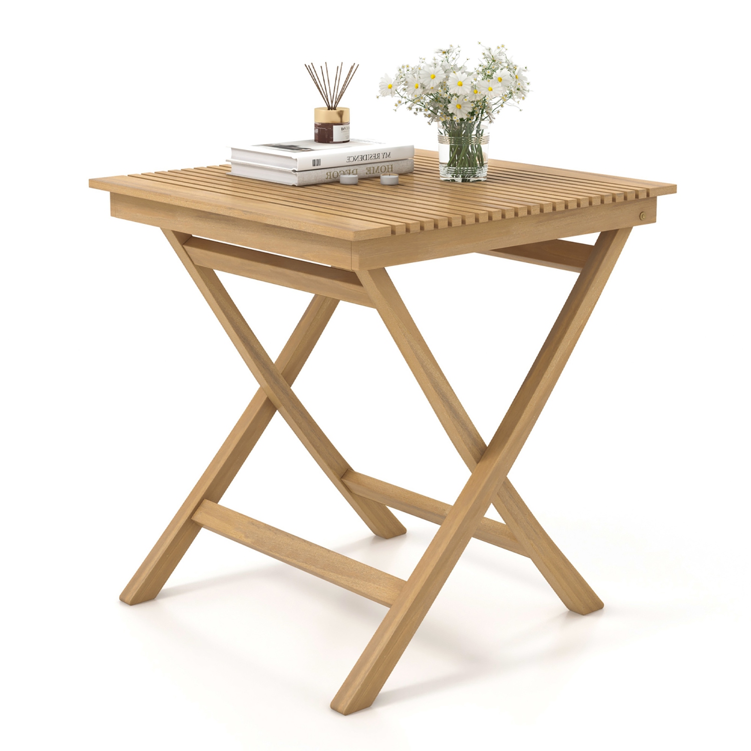 Gymax 27.5'' Bistro Table w/ Slatted Tabletop Sturdy Wood Frame & Thickened Top Patio