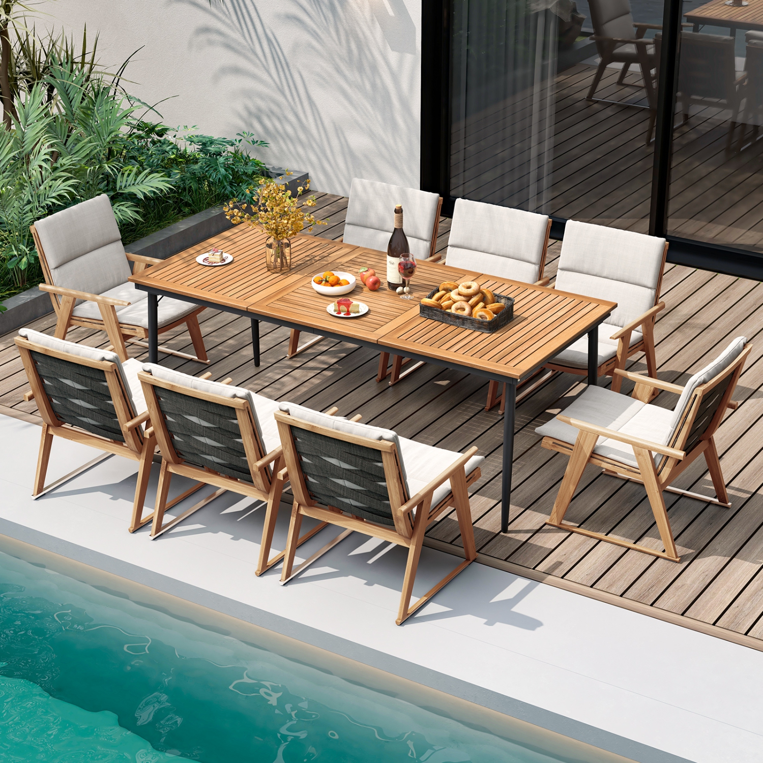 Gymax 79'' Outdoor Dining Table for 8 Acacia Wood Table w/ 1.9'' Umbrella Hole Patio