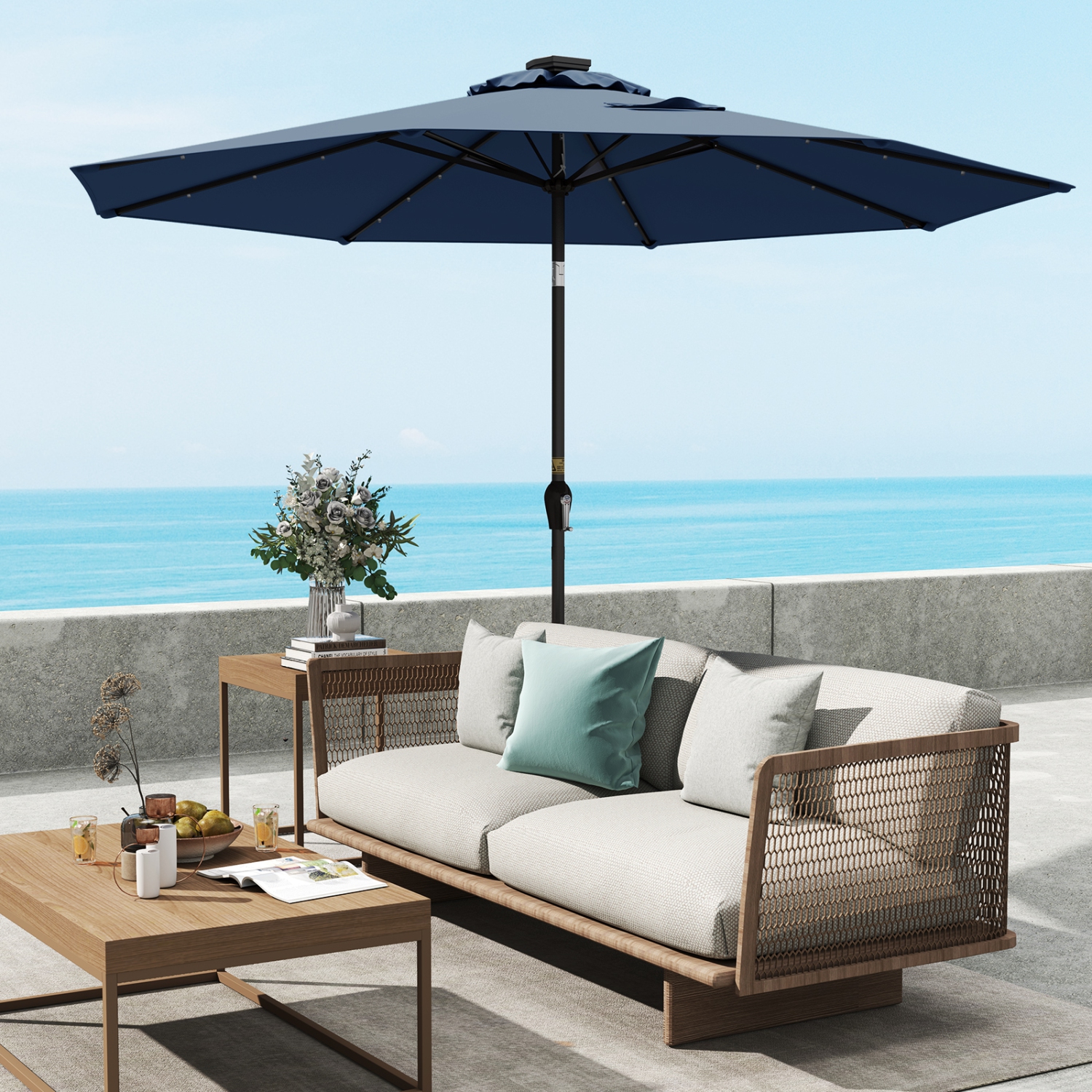 Gymax 10FT Solar Umbrella LED Patio Market Steel Tilt w/Crank Outdoor Orange New Patio