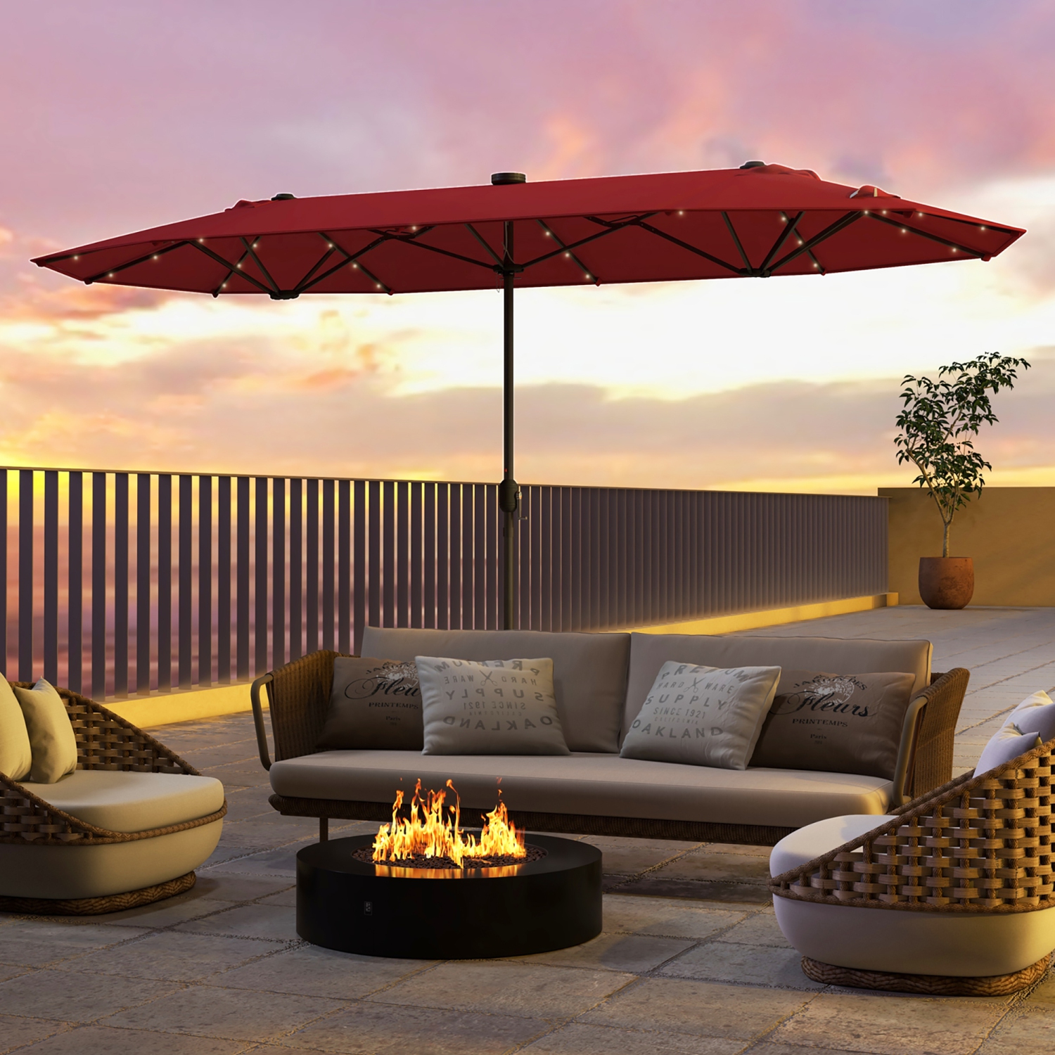 Gymax 13 FT Patio Umbrella Double-Sided Market Umbrella w/ 36 Solar-Powered LED Lights Wine