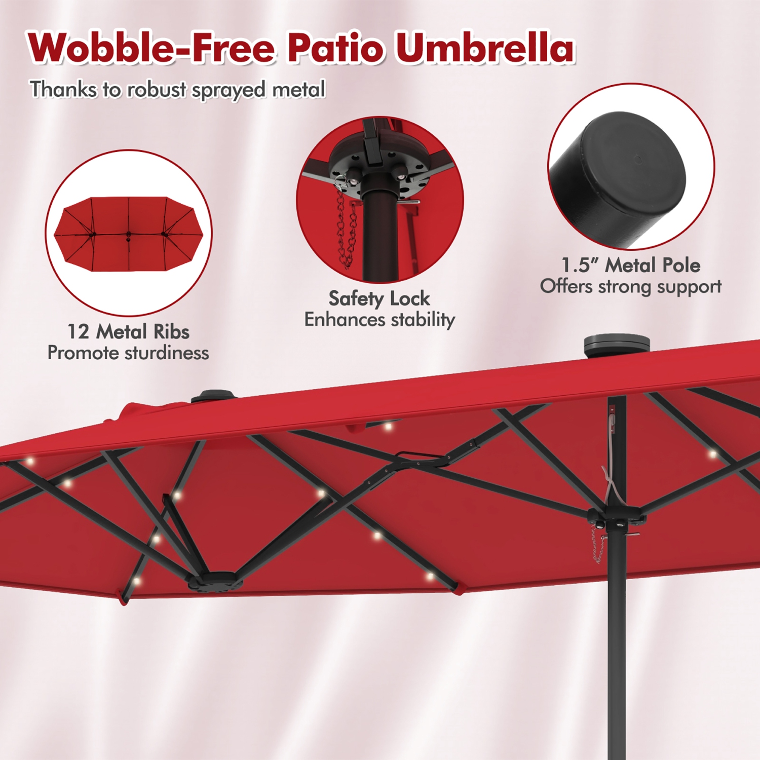 Gymax 13 FT Patio Umbrella Double-Sided Market Umbrella w/ 36 Solar-Powered LED Lights Wine