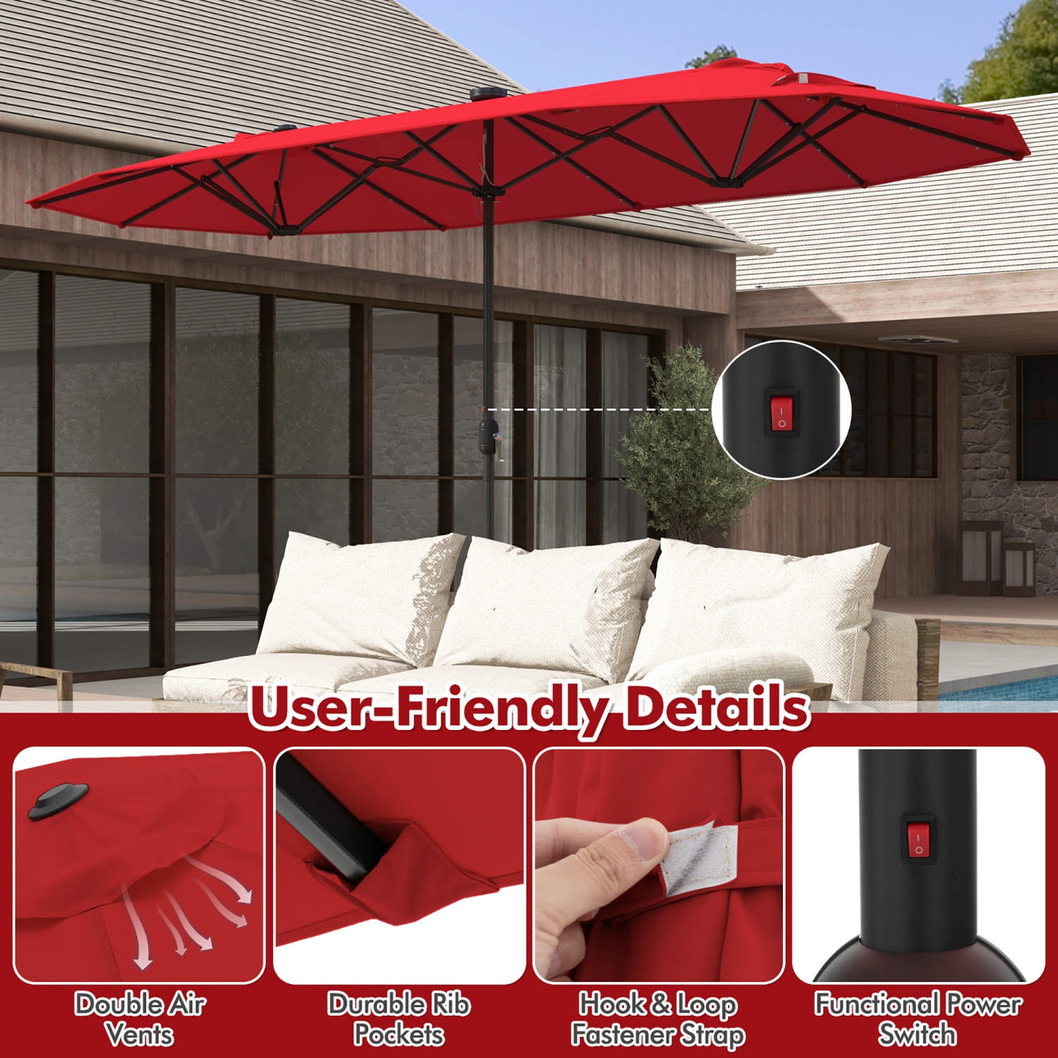 Gymax 13 FT Patio Umbrella Double-Sided Market Umbrella w/ 36 Solar-Powered LED Lights Wine