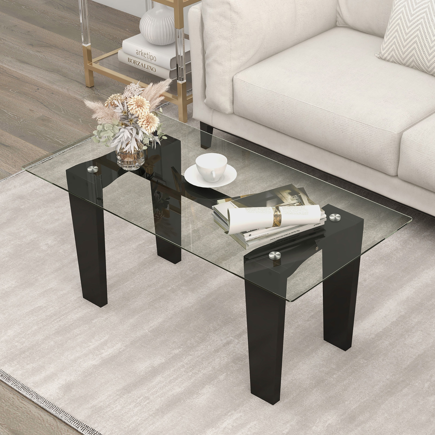 Gymax Rectangle Coffee Table Modern Tempered Glass Top Accent Table Black