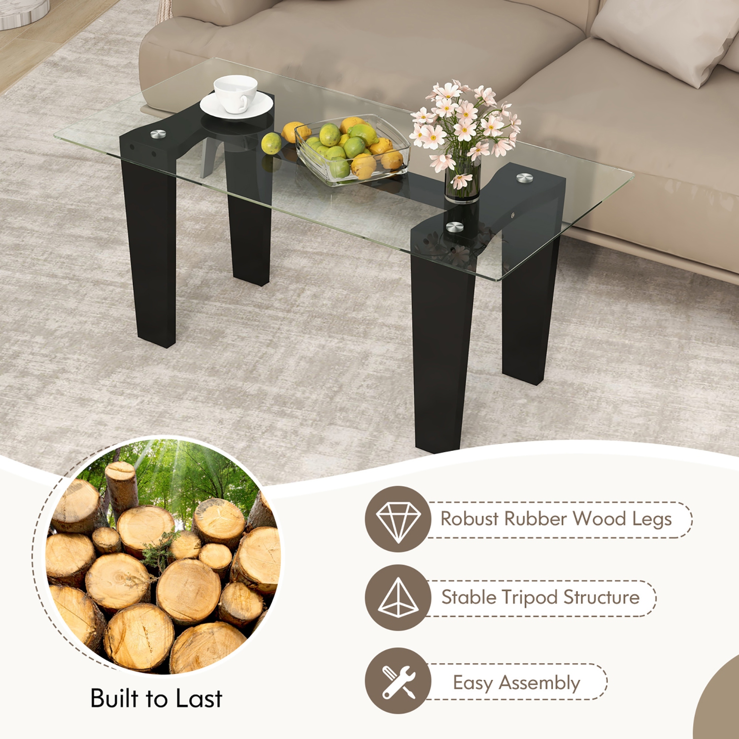 Gymax Rectangle Coffee Table Modern Tempered Glass Top Accent Table Black