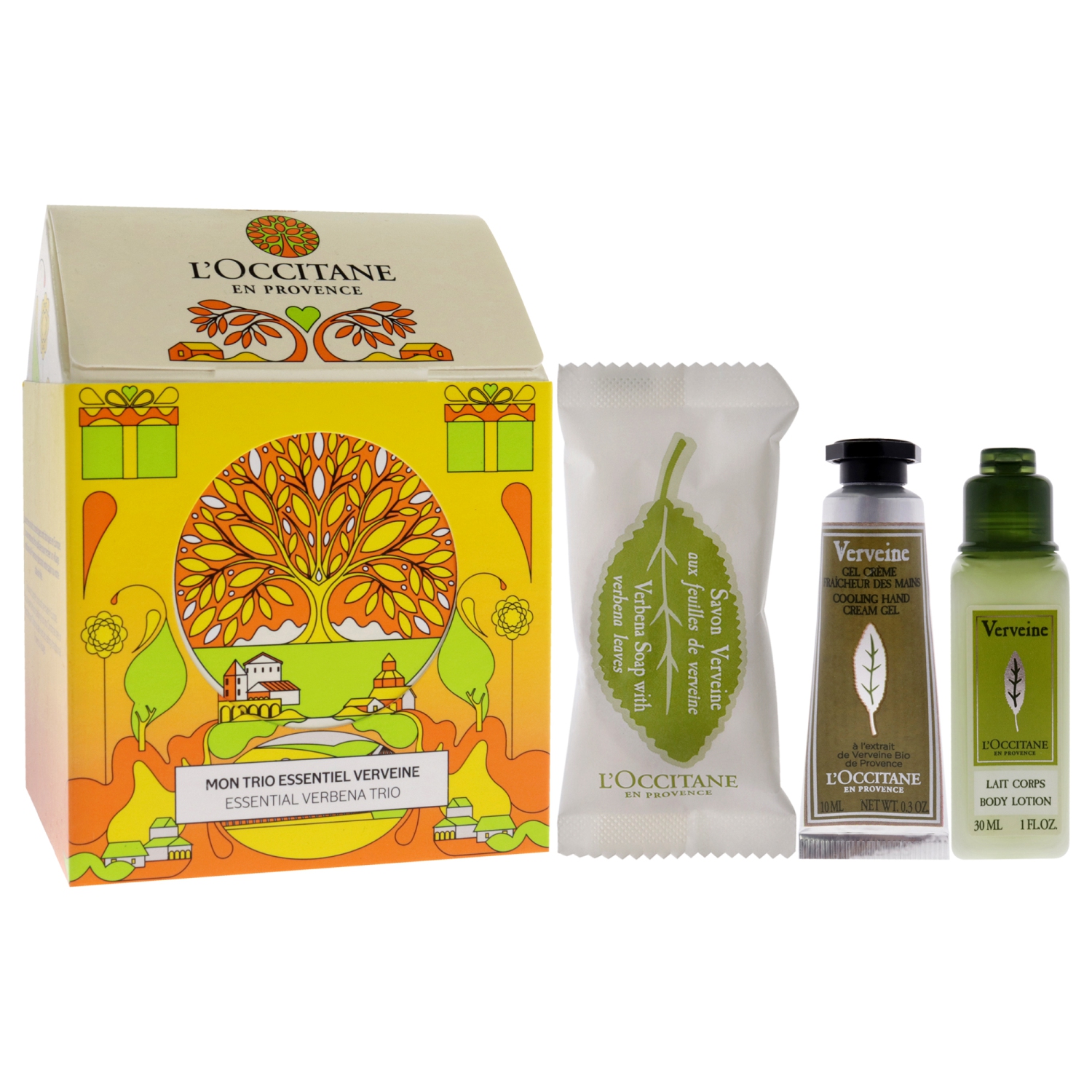 Essential Trio - Verbena by LOccitane for Unisex - 3 Pc 0.88oz Soap - Verbena Leaves, 1oz Body Lotion - Verbena, 0.3oz Hand Cream - Verbena