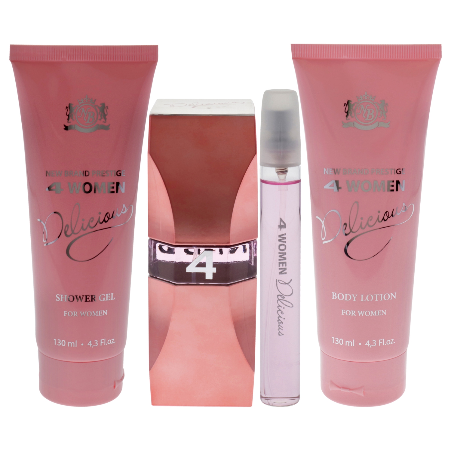Prestige 4 Woman Delicious by New Brand for Women - 4 Pc Gift Set 3.3oz EDP Spray, 0.5oz EDP Spray, 4.3oz Shower Gel, 4.3oz Body Lotion