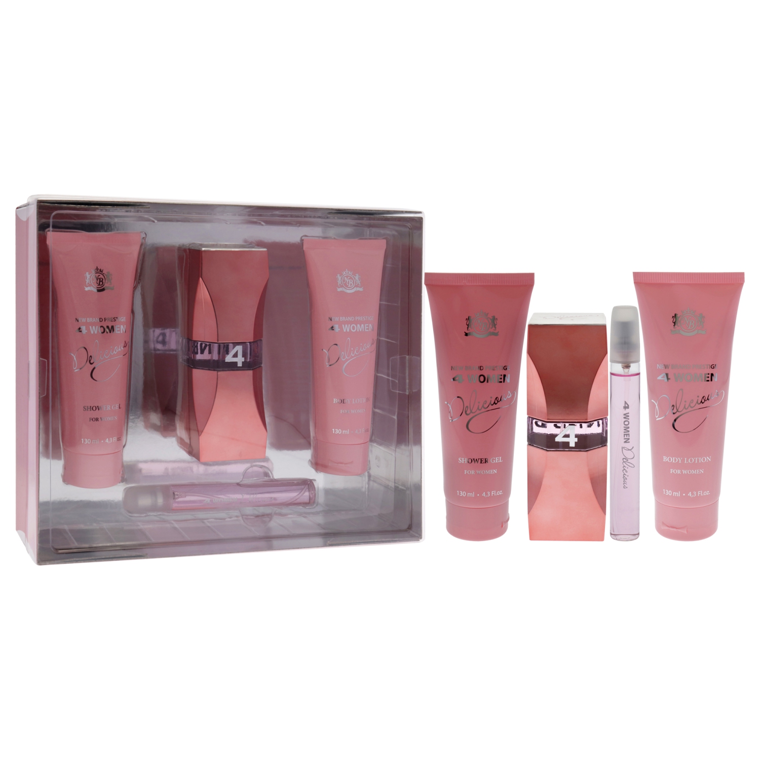 Prestige 4 Woman Delicious by New Brand for Women - 4 Pc Gift Set 3.3oz EDP Spray, 0.5oz EDP Spray, 4.3oz Shower Gel, 4.3oz Body Lotion